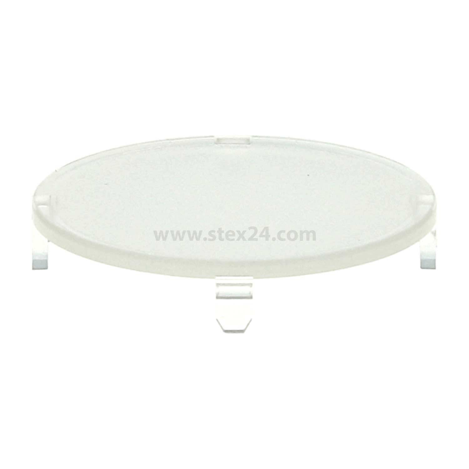 Ein rundes, flaches, transparentes Deckel mit kleinen Clips an den Kanten zum Befestigen.