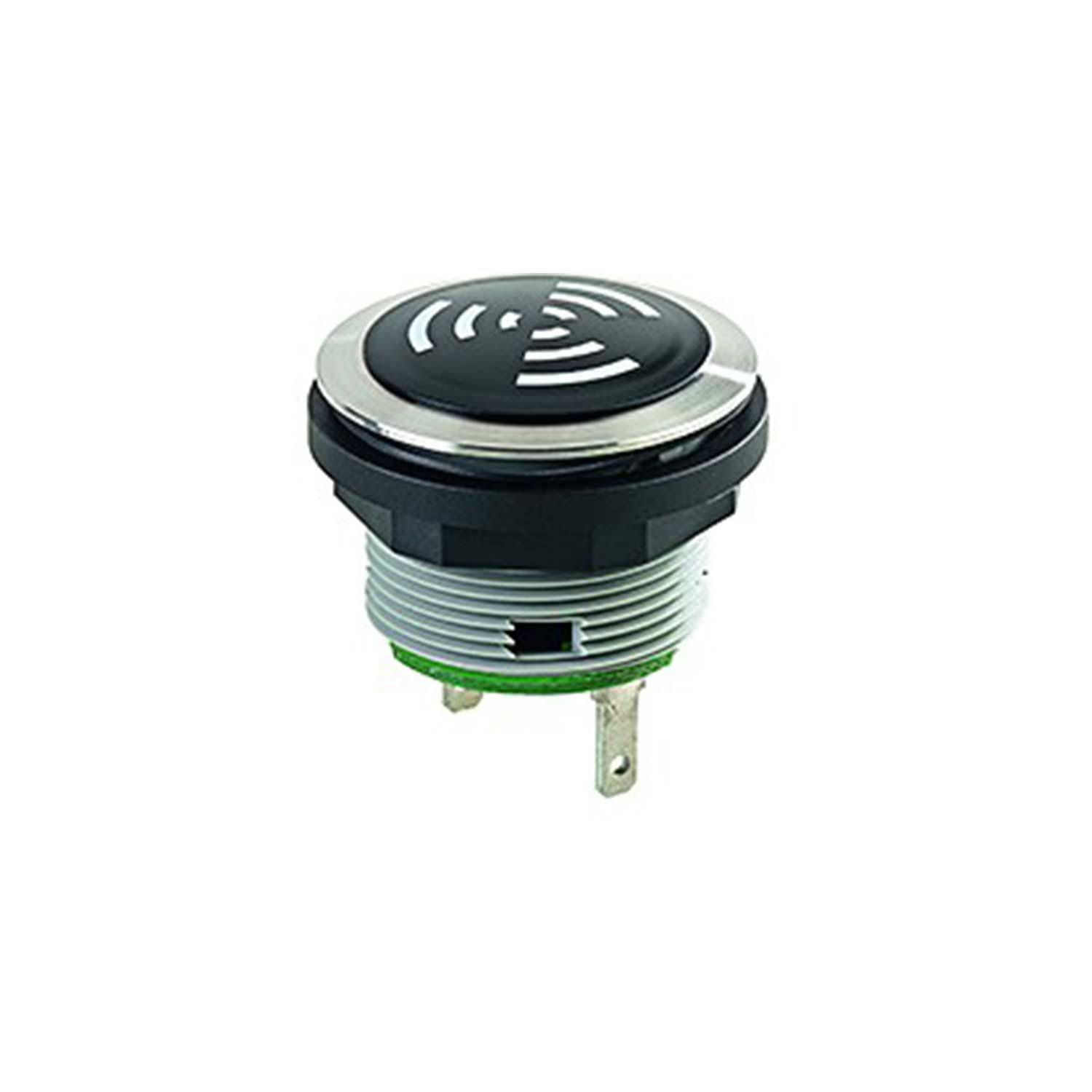 Ein schwarzer und silberner Panelmontage-Summer mit einem Wellenformsymbol auf der Oberseite, ausgestattet mit Metallanschlüssen für elektrische Verbindungen.