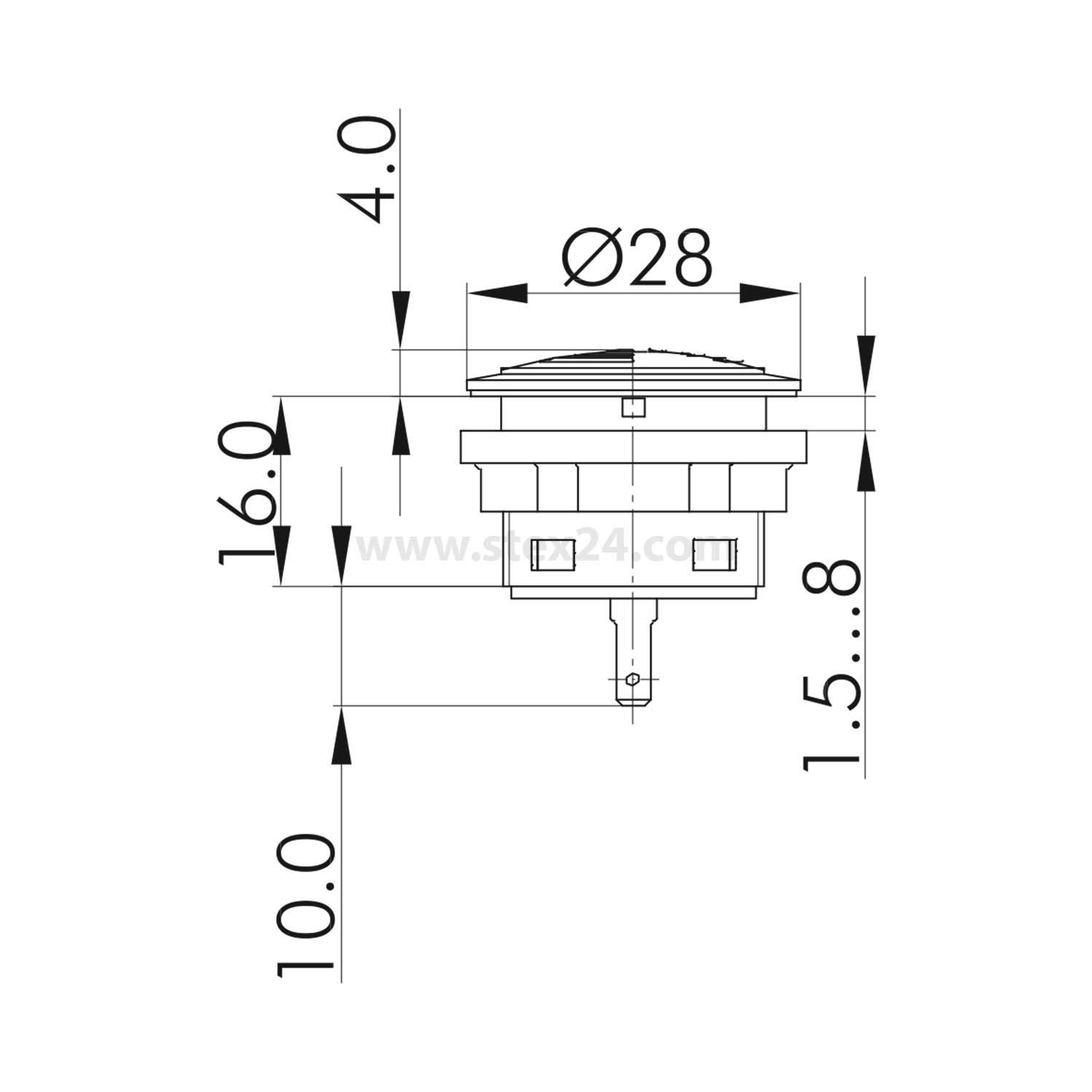 Diagramm eines Buttons mit Abmessungen: 28 mm Durchmesser, 16 mm Höhe und 1,5-8 mm Tiefe. Pfeile zeigen die Maße an.