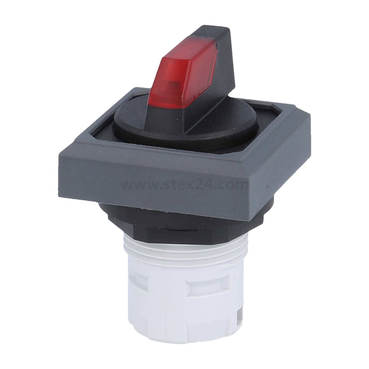 Ein schwarzer und roter Kippschalter mit weißer Basis, möglicherweise für Maschinerie oder Elektronik verwendet, mit einem rechteckigen äußeren Rahmen.