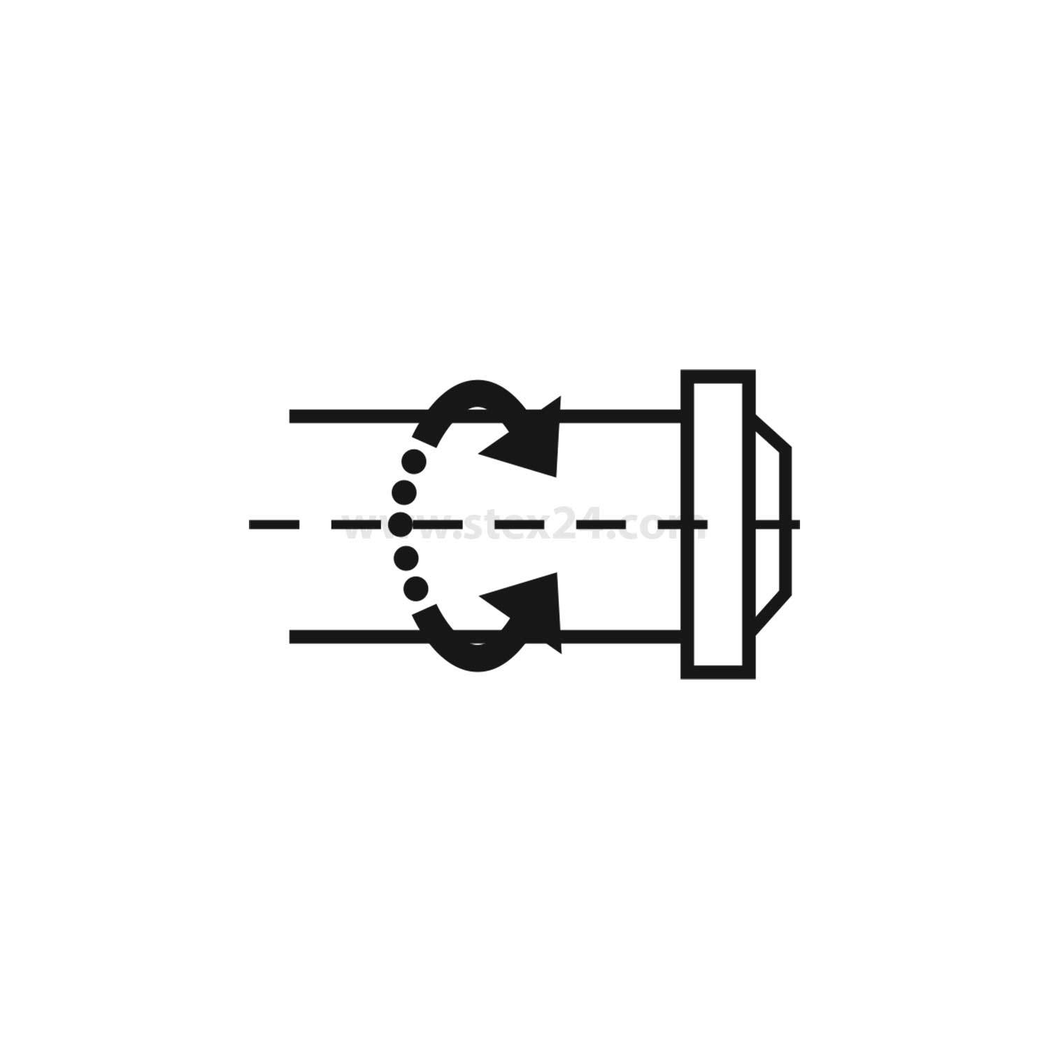 Diagramm eines mechanischen Befestigungselements mit Pfeilen, die um eine sechseckige Mutter und deren Gewinde kreisen und eine Anzugs- oder Lösungsbewegung anzeigen.