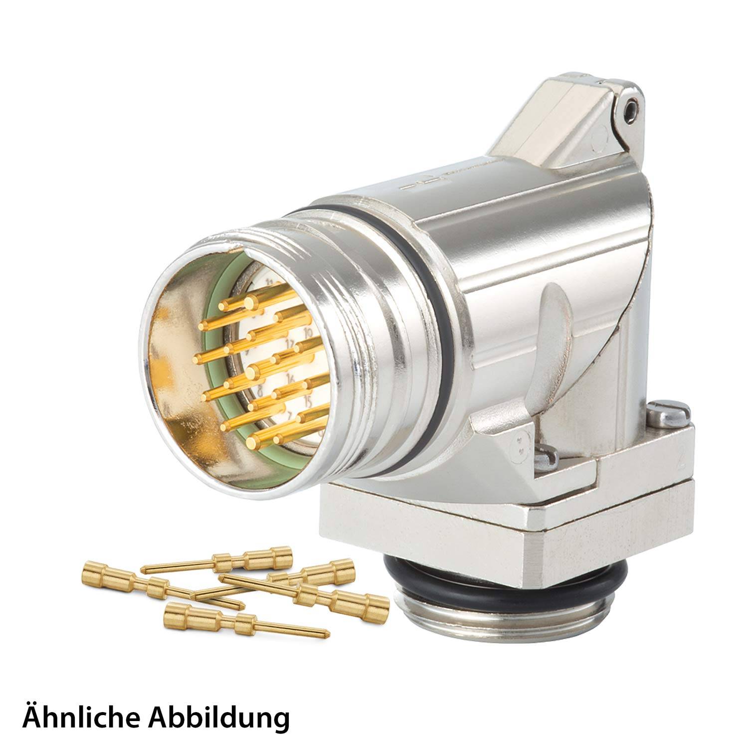 Silberner elektronischer Steckverbinder mit mehreren Goldstiften, gewinkelt und auf einer Basis montiert. Zusätzliche Goldstifte werden darunter angezeigt.