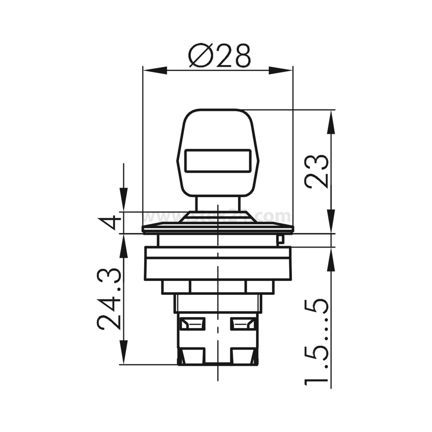 Technische Zeichnung eines Drucktasters, Abmessungen angegeben als Ø28 mm Breite, 24,3 mm Höhe, 23 mm Tiefe, 1,5 bis 5 mm Basis.