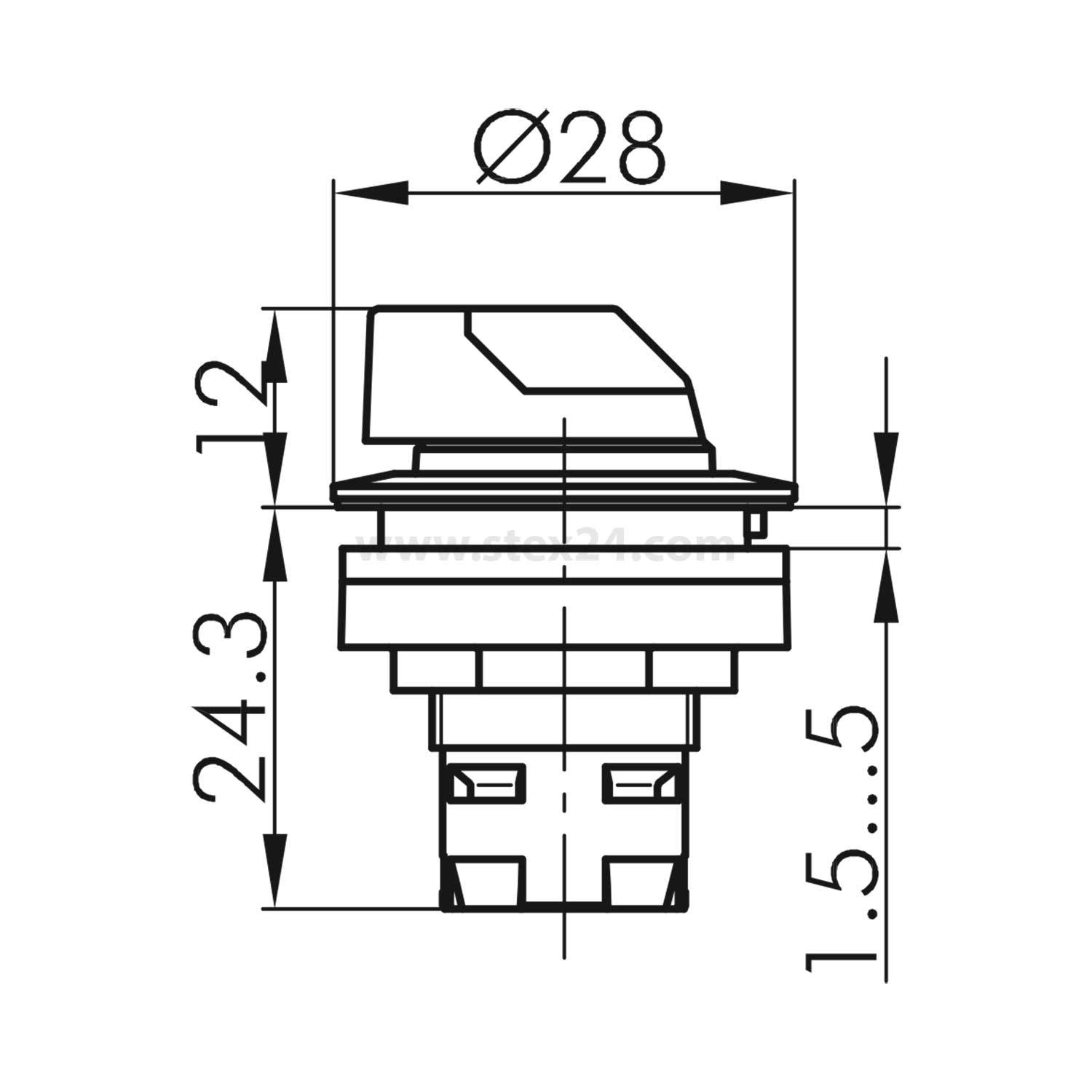 Eine Skizze eines Drucktasters mit Abmessungen: Durchmesser 28 mm, Höhe 24,3 mm, Tasterhöhe 12 mm, Hervorragung 1,5 bis 5 mm.