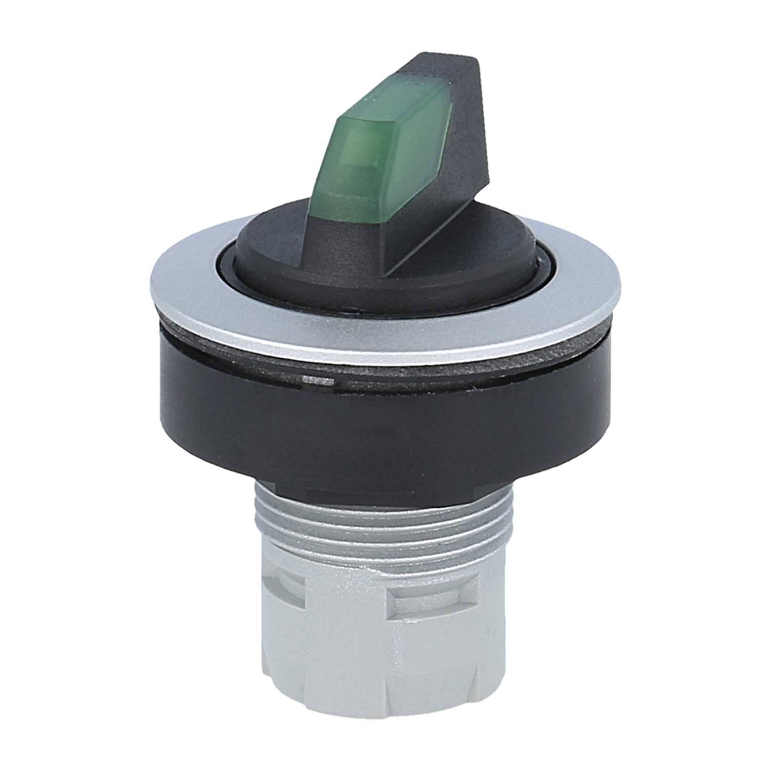 Ein schwarzer und silberner Schalter mit einer grünen Anzeige oben, für die Einbaumontage konzipiert, zur Steuerung von Schaltkreisen oder Maschinen verwendet.