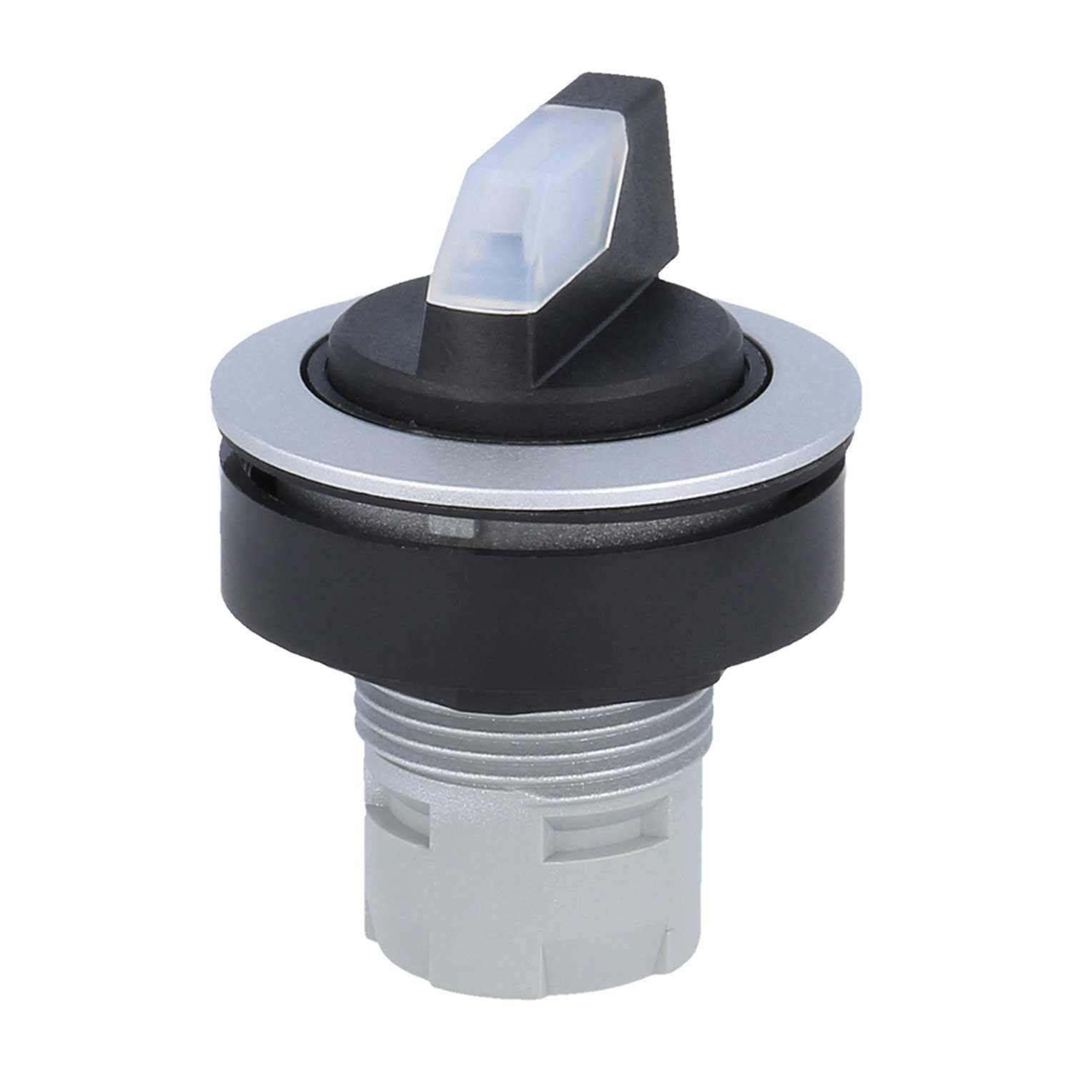 Ein kreisförmiger schwarzer und grauer Drehschalter mit einem klaren, dreieckigen Griff, geeignet für elektronische oder mechanische Kontrollpanels.