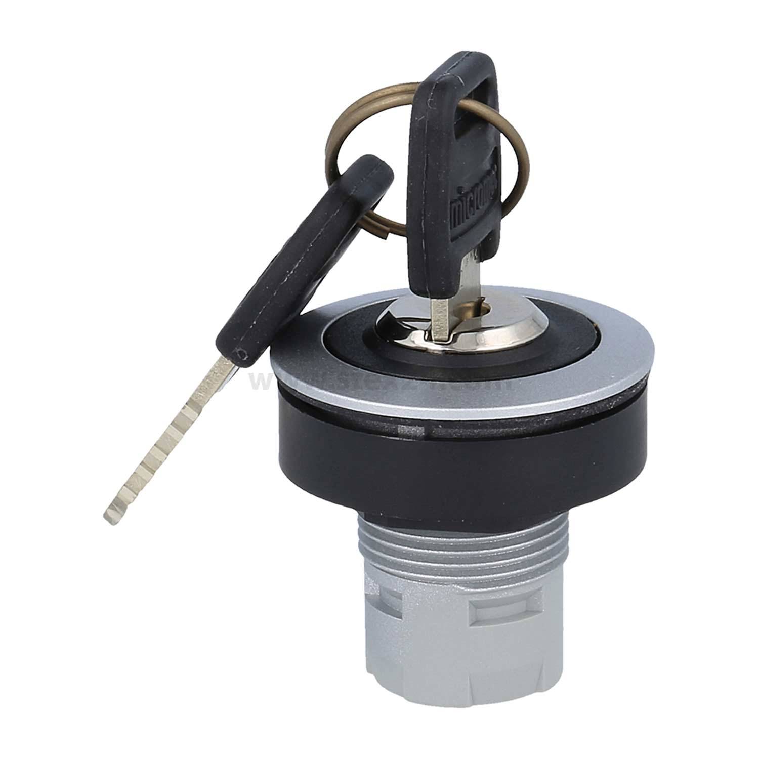 Ein Schlüssel, der in einen zylindrischen Schließmechanismus eingeführt wird. Der Schlüssel ist an einem Schlüsselring befestigt, was darauf hindeutet, dass der Mechanismus wahrscheinlich für Sicherheits- oder Zugangskontrollzwecke vorgesehen ist.