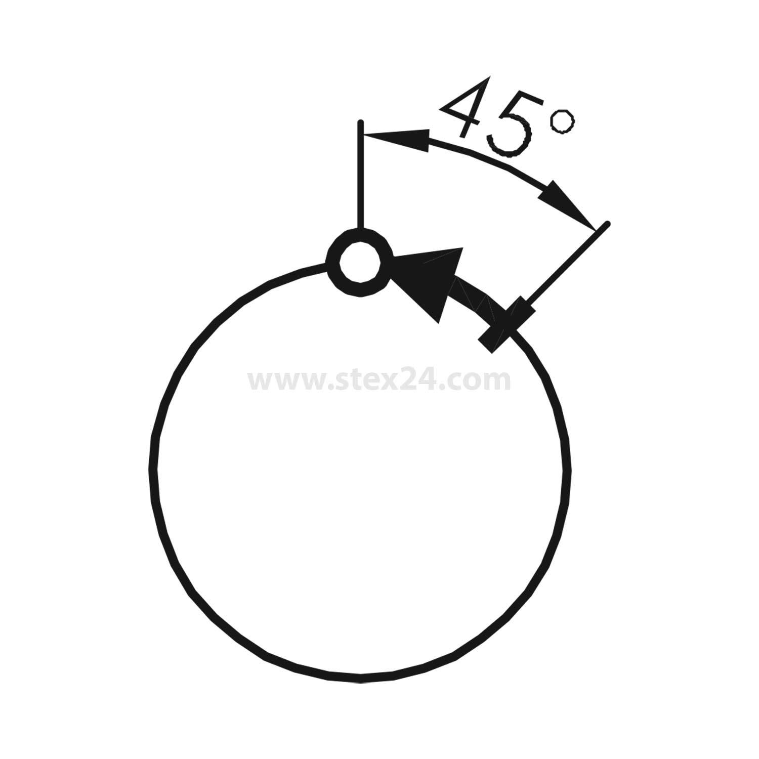 „45°" neben einem Pfeil, der nach unten auf dem Rand eines Kreises zeigt, was eine Winkelmessung von 45 Grad anzeigt.