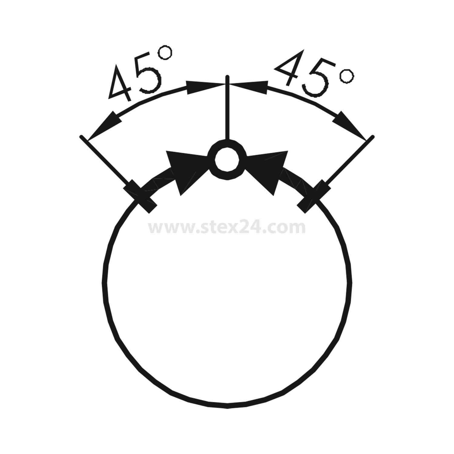 Abbildung zeigt einen kreisförmigen Gegenstand mit zwei Pfeilen, die von der Mitte aus in einem Winkel von 45 Grad nach außen zeigen und Winkel eines Kreises andeuten.