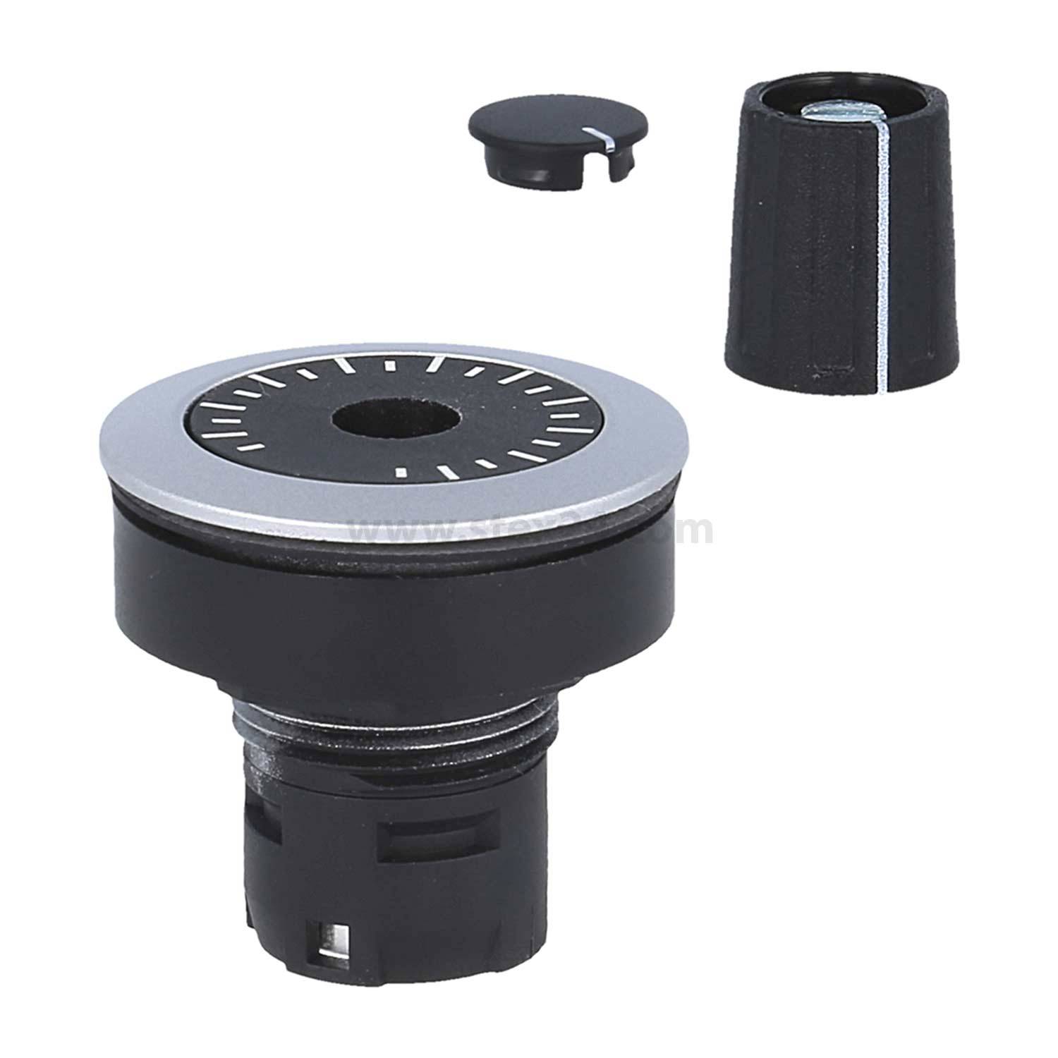 Drehknopf- und Deckeleinheit für ein elektronisches Gerät mit einem schwarzen Drehknopf mit einer silber-umrandeten Skala und einem separaten Deckel.