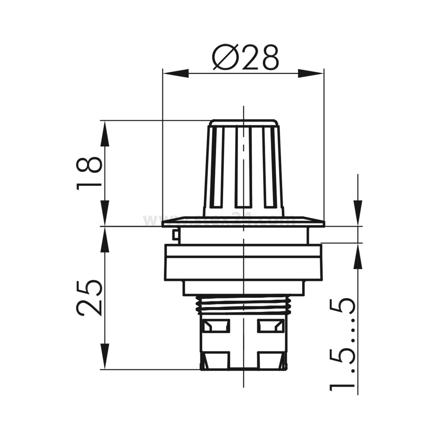 Technische Zeichnung eines Knopfes mit Maßen: Durchmesser 28 mm, Höhe 18 mm, Gesamthöhe 25 mm, Basishöhe zwischen 1,5-5 mm.