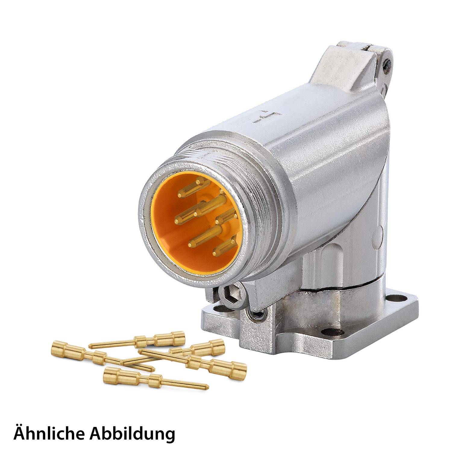 Ein metallischer Winkelstecker mit acht Goldpins wird gezeigt, zusammen mit sieben Pin-Kontakteinsätzen. Text lautet 'Ähnliche Abbildung'.