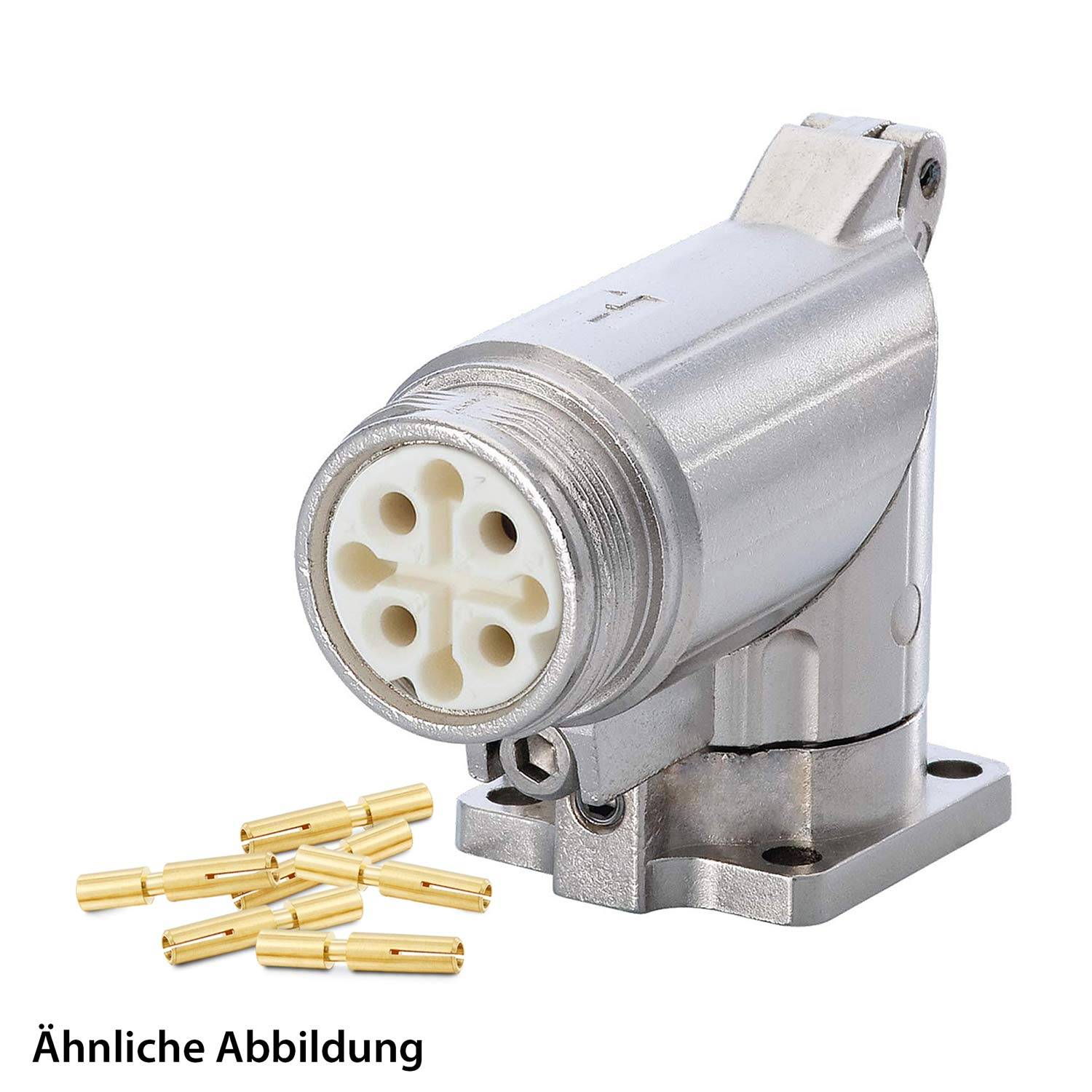 Industrieller Metallverbinder mit mehreren Anschlüssen, auf einer Grundplatte montiert. Goldfarbene Verbinderstifte sind daneben dargestellt.