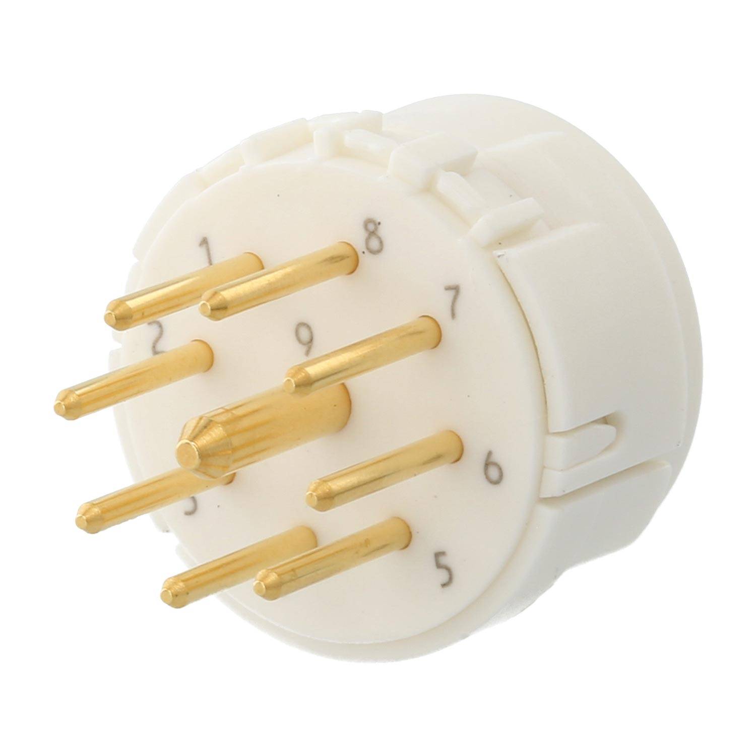 Ein weißer kreisförmiger elektronischer Anschluss mit neun vergoldeten Stiften, die in zwei Kreisen angeordnet sind und von 1 bis 9 nummeriert sind, der für Schaltungsverbindungen verwendet wird.