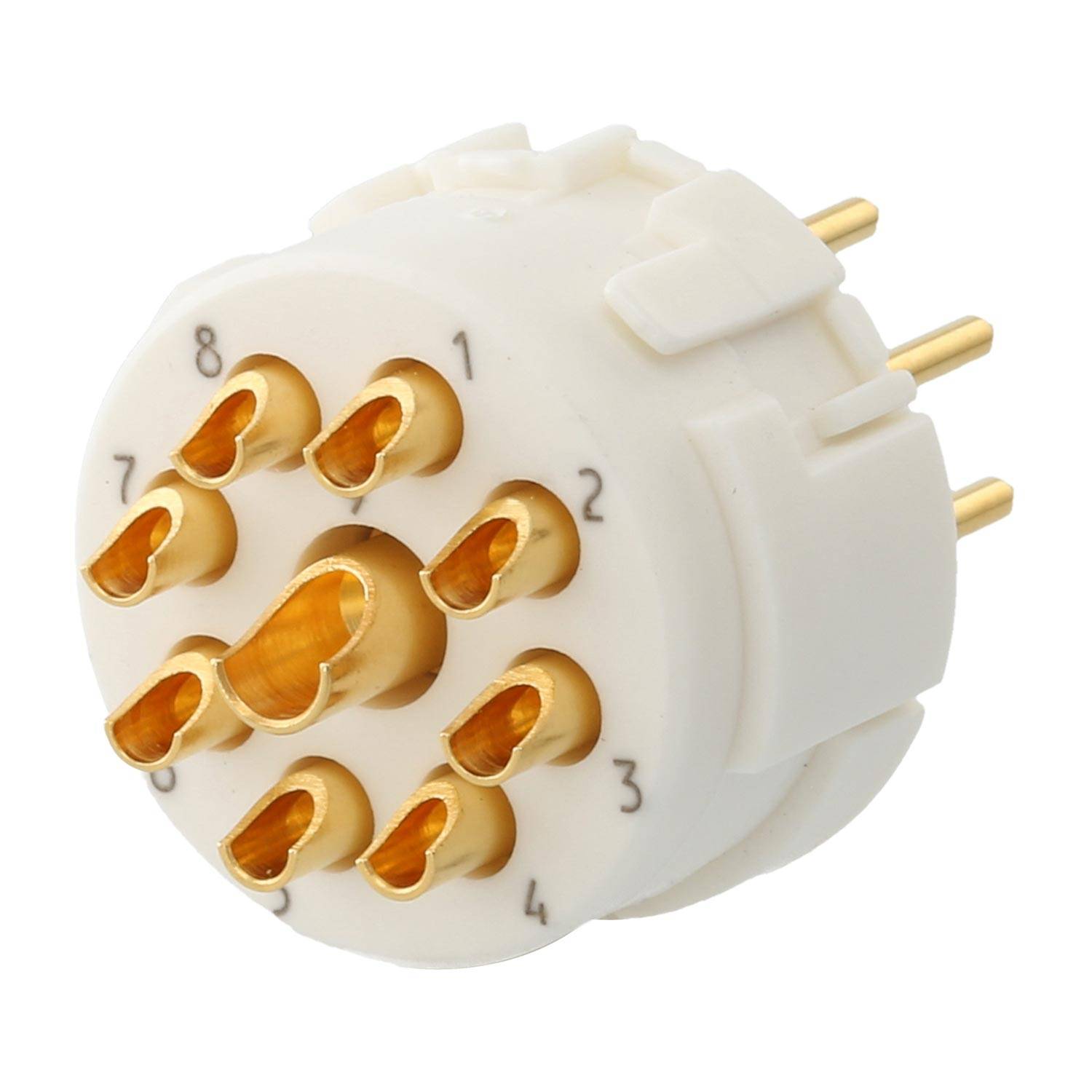 Eine weiße 8-polige Vakuumröhrenfassung mit vergoldeten Kontakten, von 1 bis 8 nummeriert, die zur sicheren Montage elektronischer Vakuumröhren konzipiert ist.