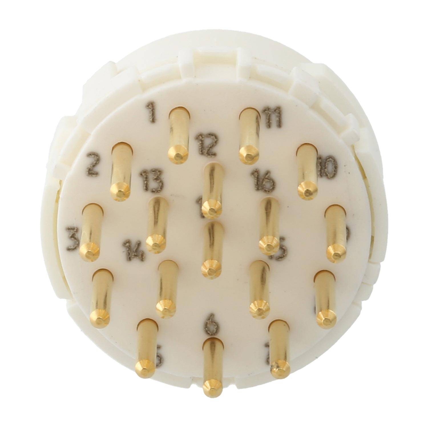 Eine weiße kreisförmige elektrische Komponente mit 16 goldenen Pins, die in zwei konzentrischen Kreisen angeordnet und von 1 bis 16 im Uhrzeigersinn nummeriert sind.