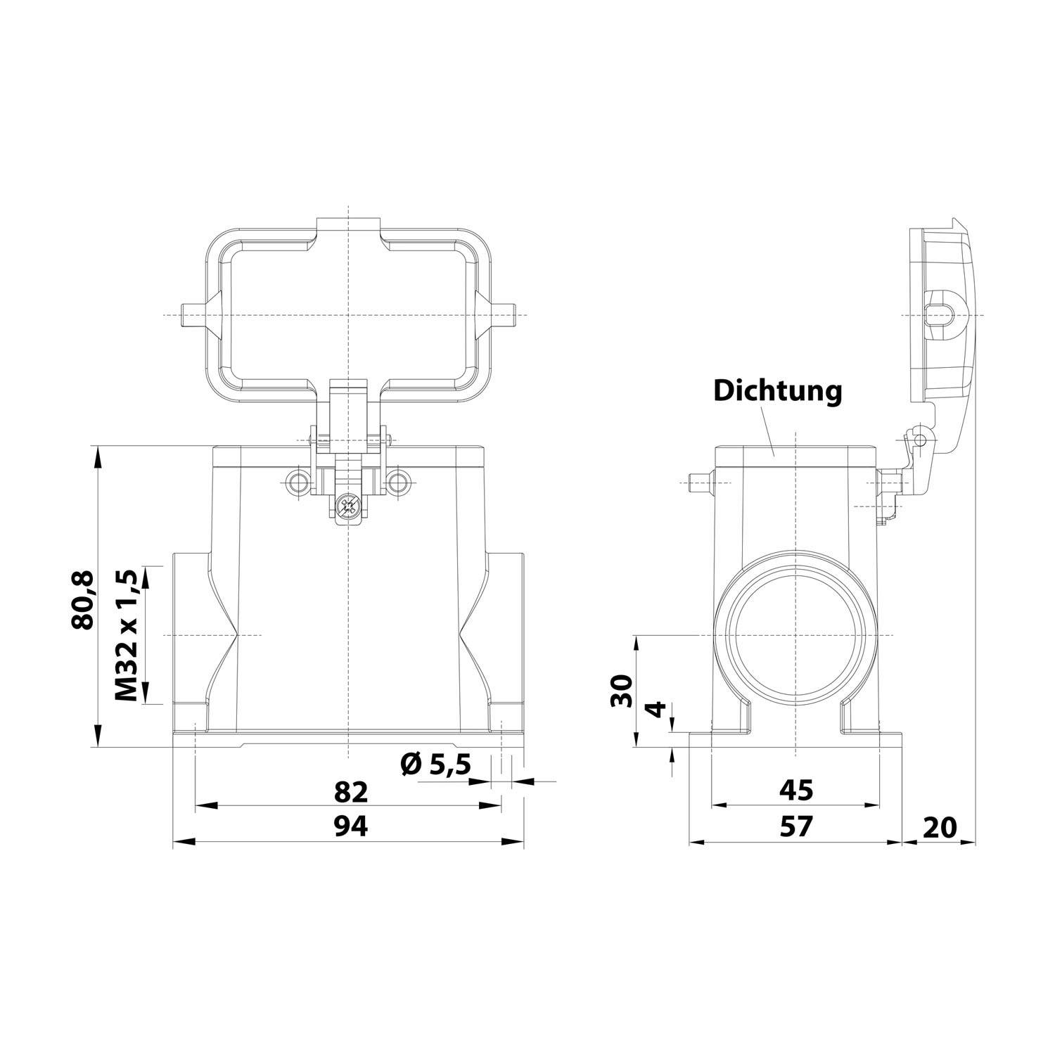 Technische Zeichnung einer mechanischen Baugruppe mit detaillierten Maßangaben: Höhe 80,8 mm, Breite 57 mm, verschiedene Schrauben- und Durchmessergrössen. Beschriftung: Dichtung.