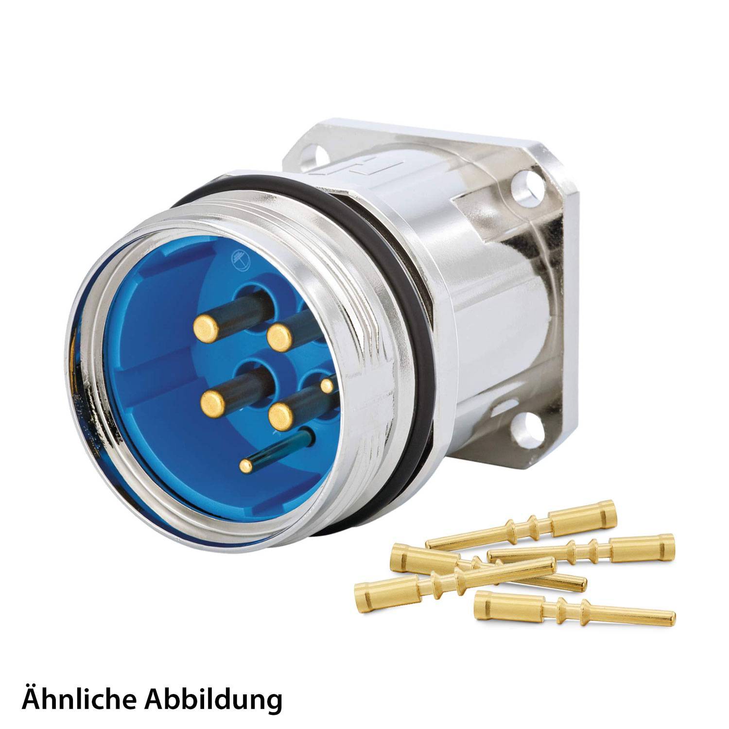 Ein zylindrischer industrieller Metallstecker mit blauem Innenraum und vier goldenen Kontaktstiften wird zusammen mit separaten goldenen Kontakten dargestellt.