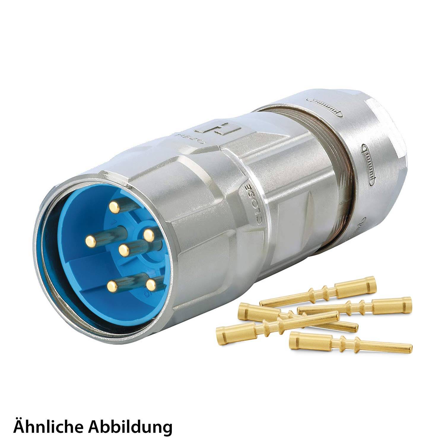Ein metallischer elektrischer Stecker liegt neben mehreren Messingbolzen, geeignet für Energie- oder Datenübertragungsanwendungen.