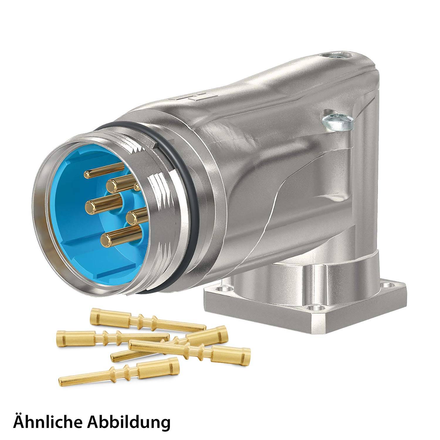 Ein metallischer Winkelverbinder mit mehreren Anschlüssen und einem Satz separater Goldpins nebenan, verwendet für elektrische Verbindungen.
