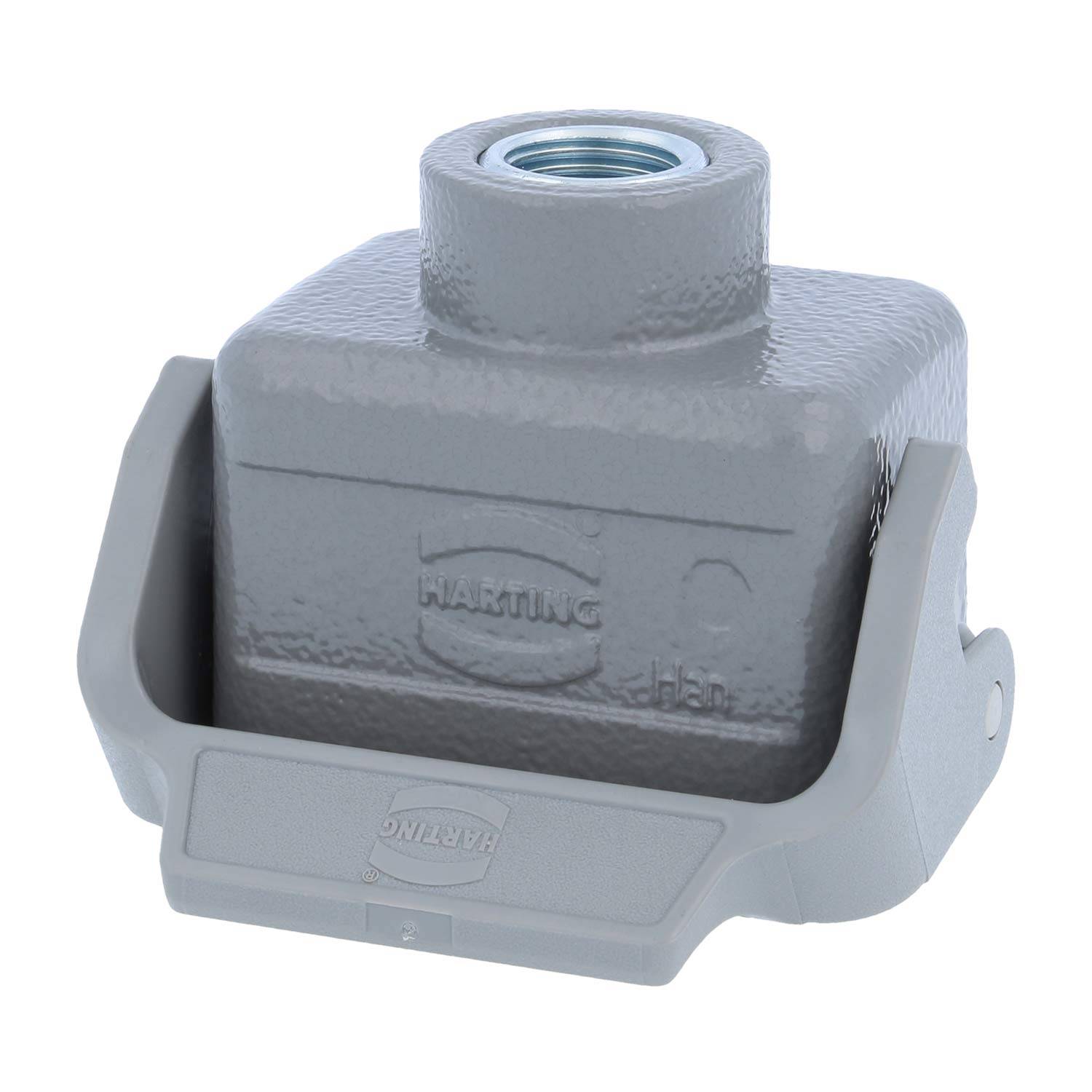 Ein graues Metallgehäuse eines HARTING Industrieanschlusses mit HBM-Handgriffstütze, mit einer oberen Gewindeeinführung für sichere Verbindungen.