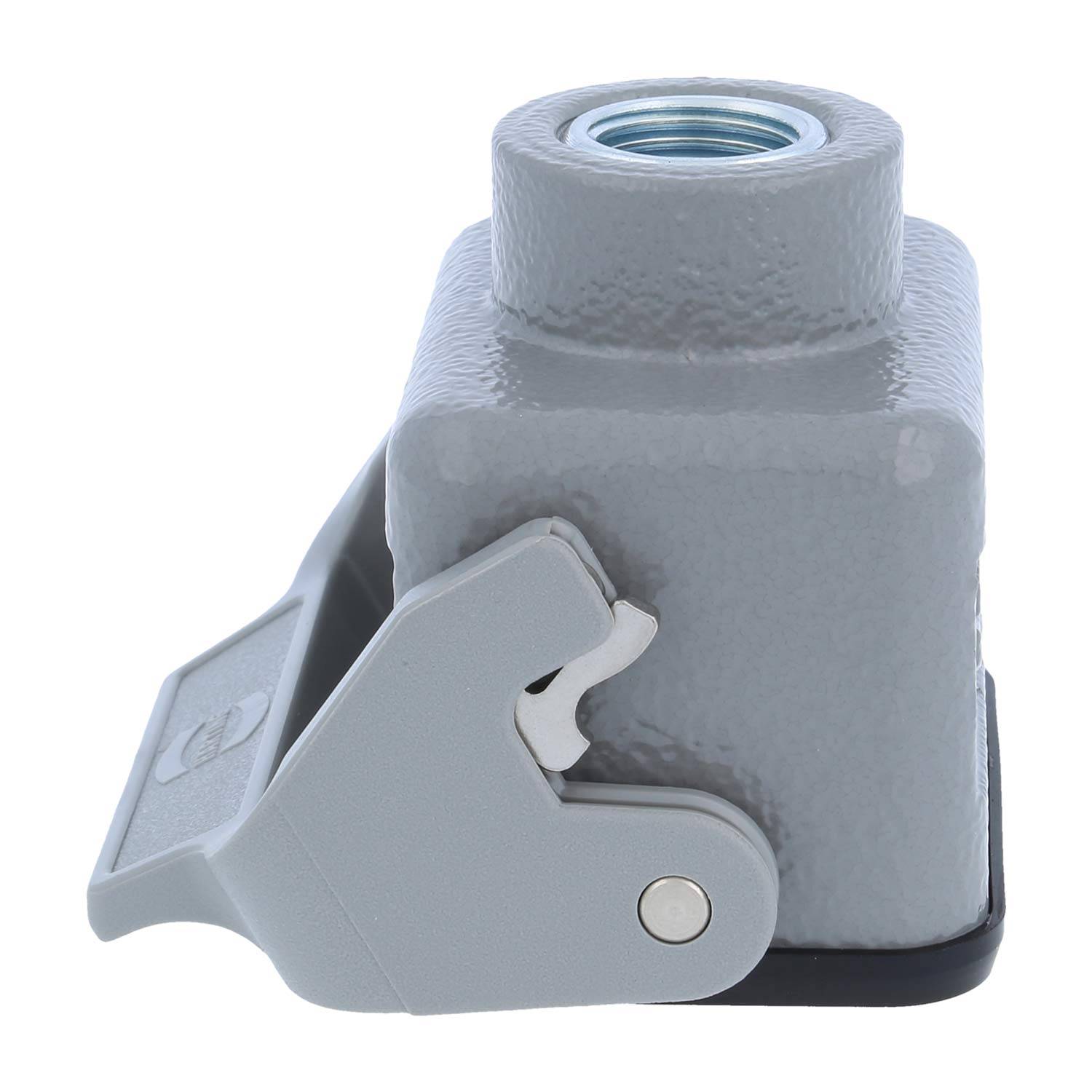 Ein grauer Nocken-Aktions-Rastbolzen mit einem Hebel und einem zylindrischen Körper, der für eine sichere Positionierung oder Verriegelung in Maschinen konzipiert ist.