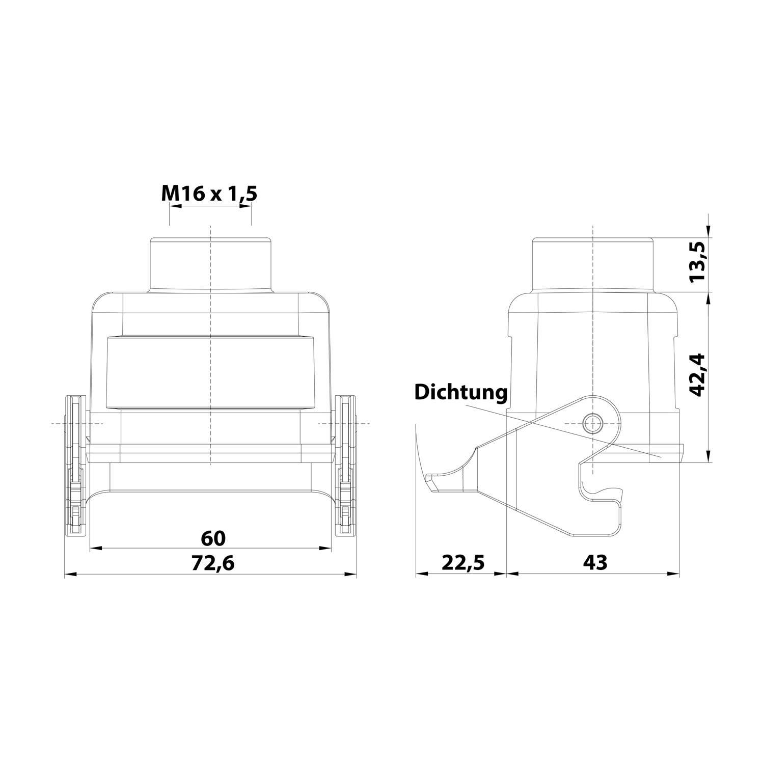 05300061761 HARTING Han 6B Kupplungsgehäuse niedrig, 1xM16 gerader Kabelabgang, mit 1 Längsbügel Verschraubung M16