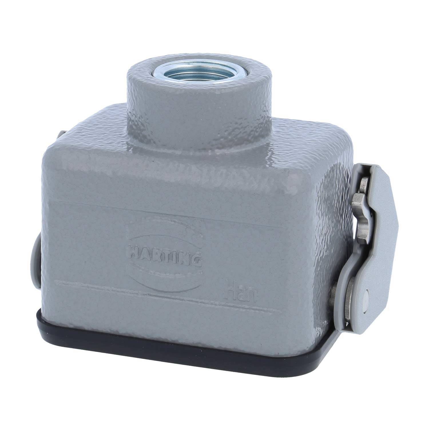 Robuster Steckverbinder-Gehäusedeckel mit grauer Metalloberfläche, versehen mit HARTING-Logo, seitliche Schutzverriegelung für sichere Verbindung.