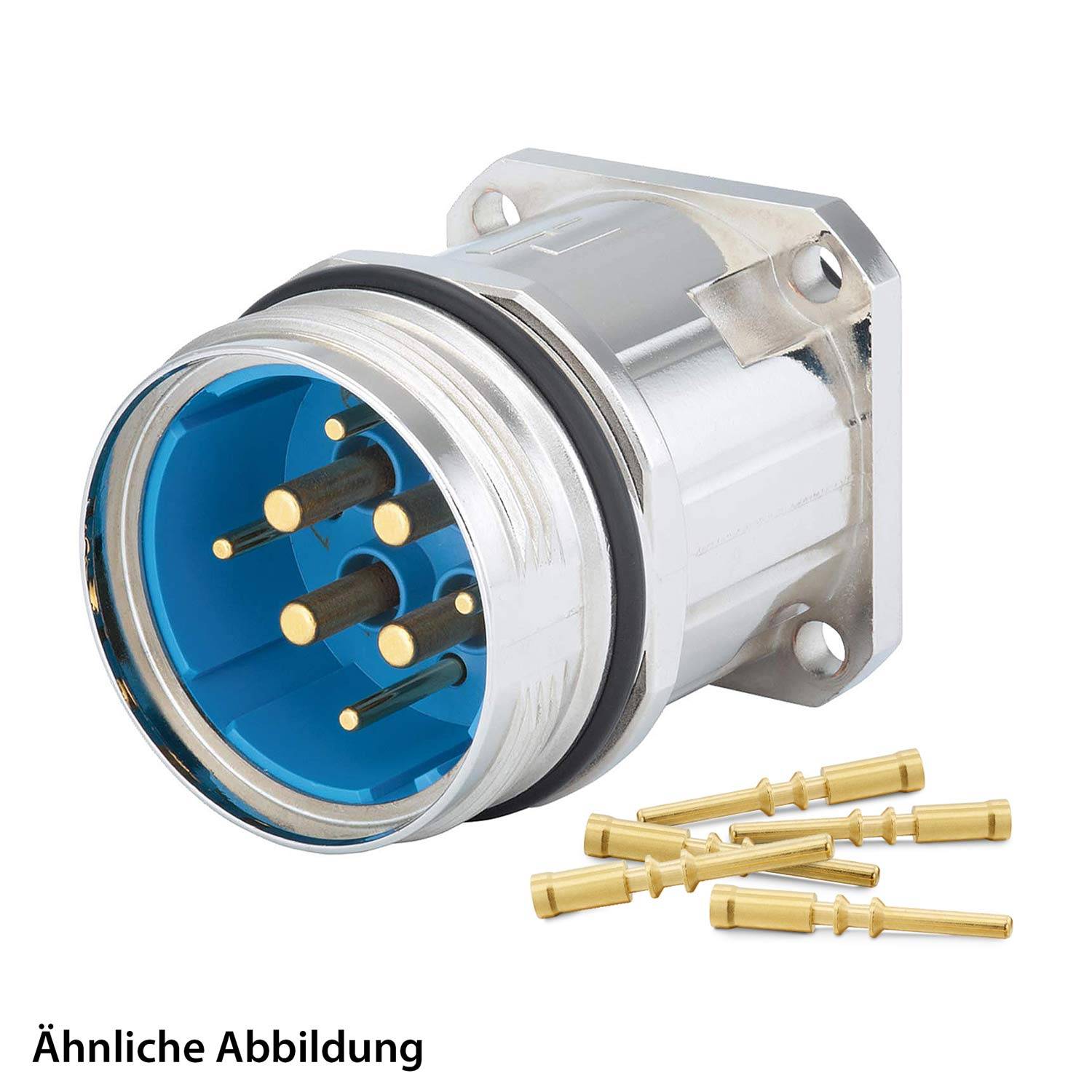 Ein metallischer Anschluss mit mehreren goldenen Stiften im Inneren eines blauen Gehäuses ist zu sehen, zusammen mit mehreren losen Stiftkomponenten daneben.