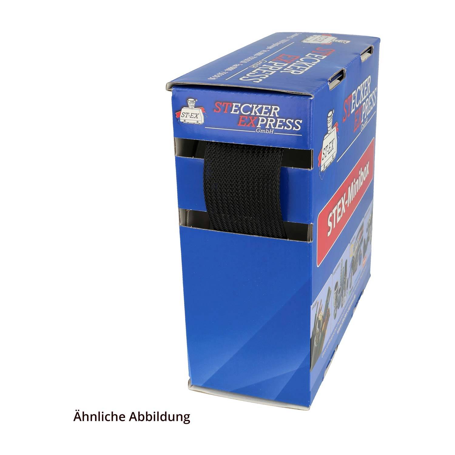 Eine blaue Box mit der Aufschrift 'Stecker Express STEK-mini-box' mit einem Ausschnitt, der eine Rolle aus schwarzem Material im Inneren zeigt.