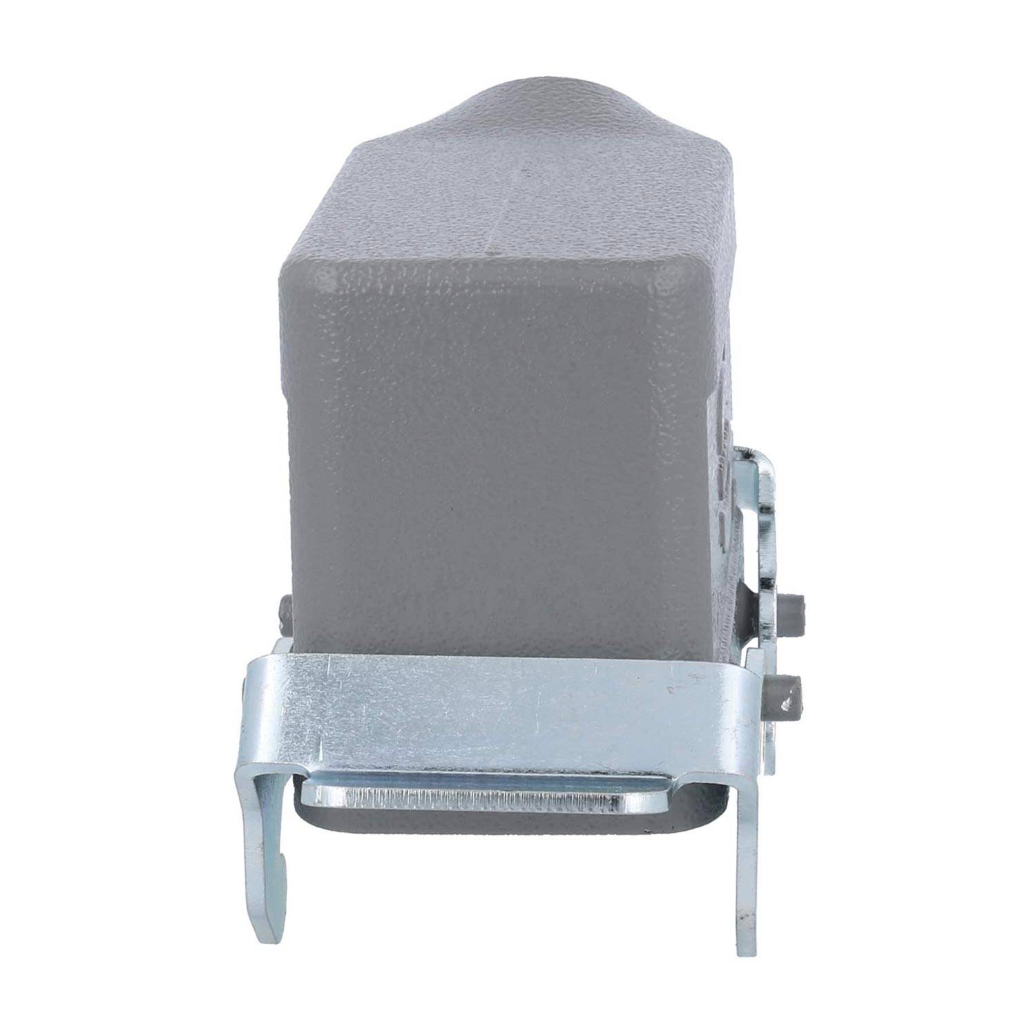 Eine einzelne graue industrielle Schalterabdeckung mit einer Metallklammer zum Schutz, konzipiert für robuste elektrische Schalter.