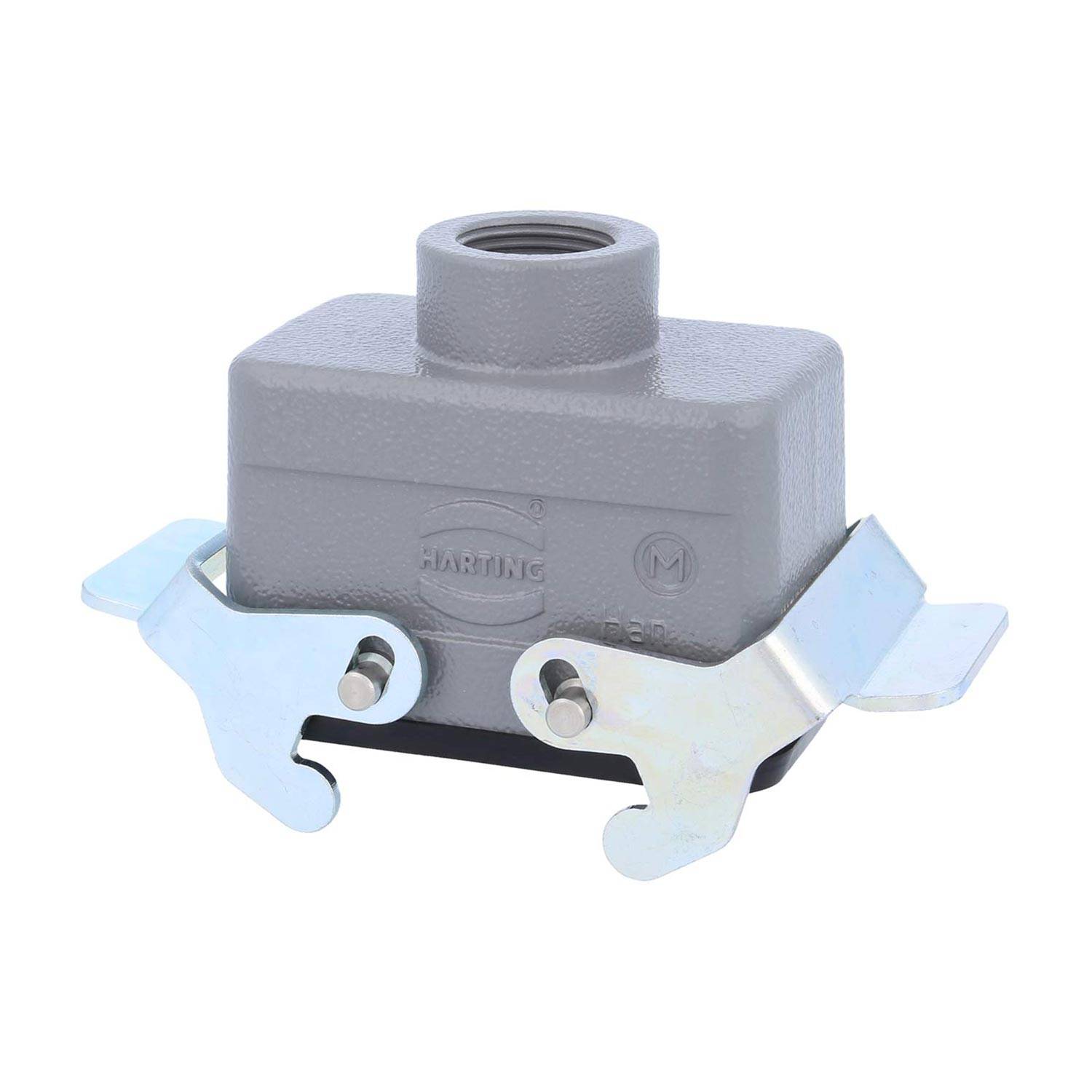 Ein graues industrielles Anschlussgehäuse mit Metallclips an den Seiten. Der Markenname ist auf der Vorderseite eingeprägt. Es wird für elektrische Verbindungen verwendet.