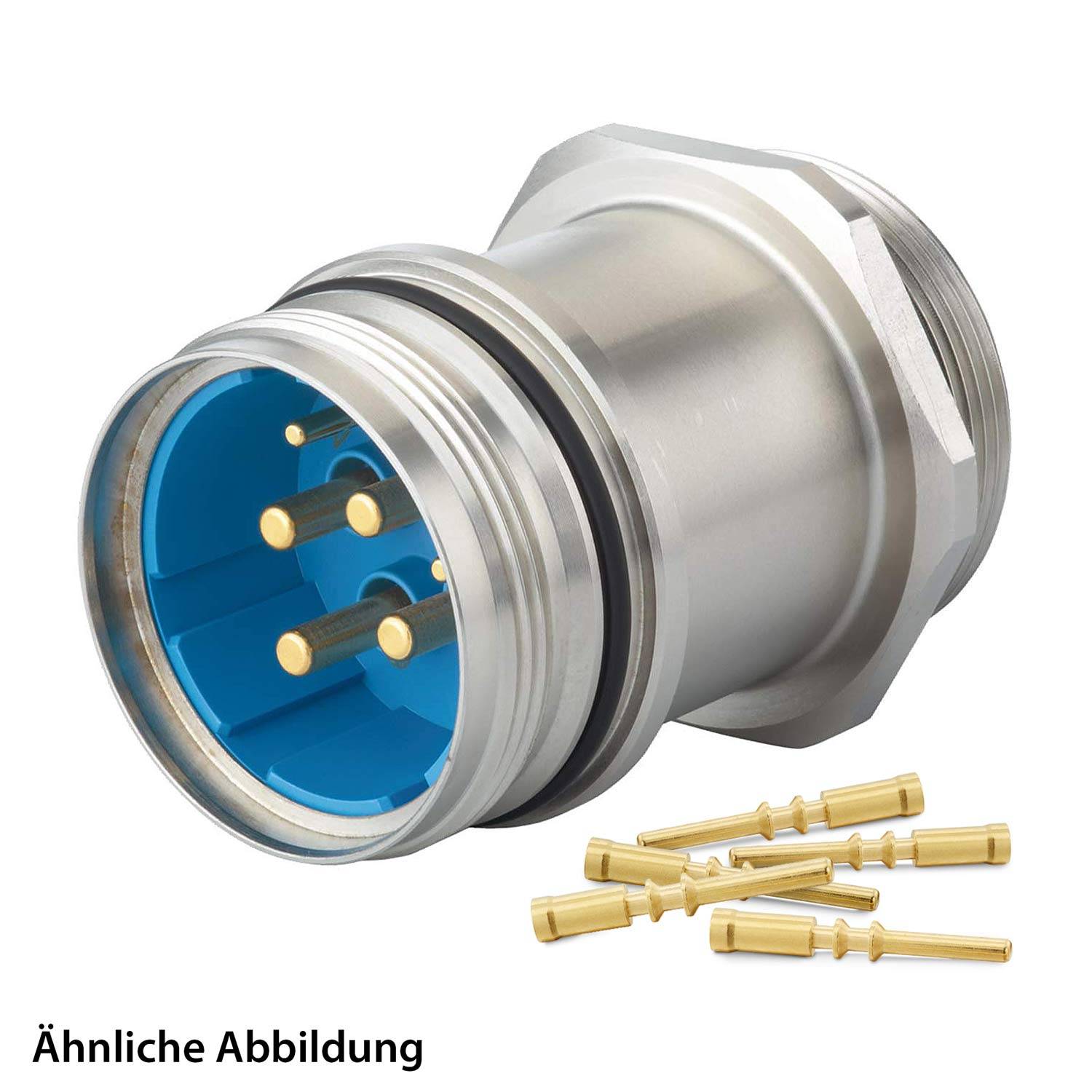 Ein Bild eines metallischen Industrieverbinders mit blauem Einsatz und goldenen Kontakten, zusammen mit sechs einzelnen goldenen Kontakten auf weißem Hintergrund.