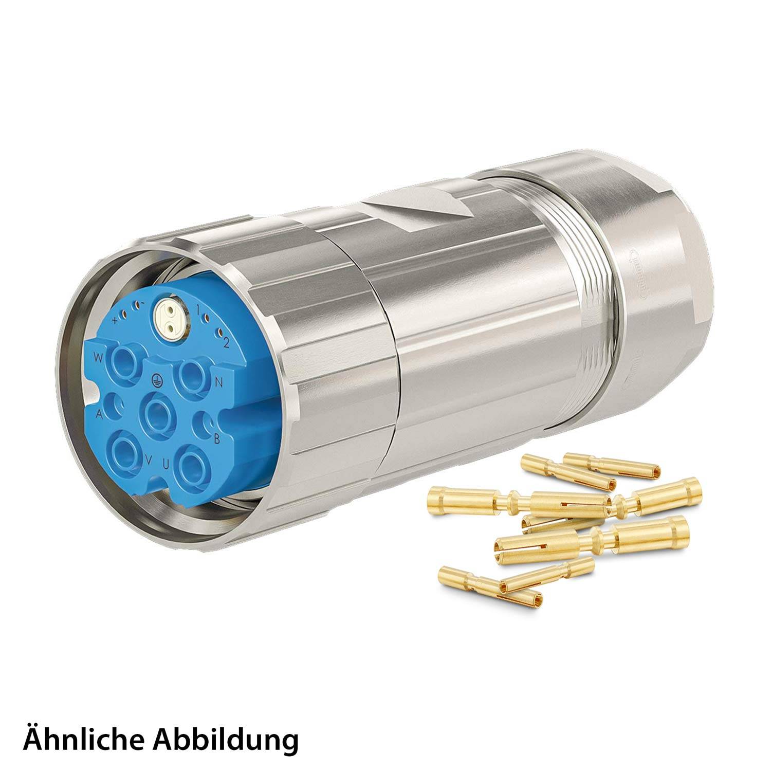 Ein zylindrischer metallischer Anschluss mit blauem Innenraum und mehreren Anschlusspunkten, mit mehreren Goldstiften, die separat daneben gezeigt werden.