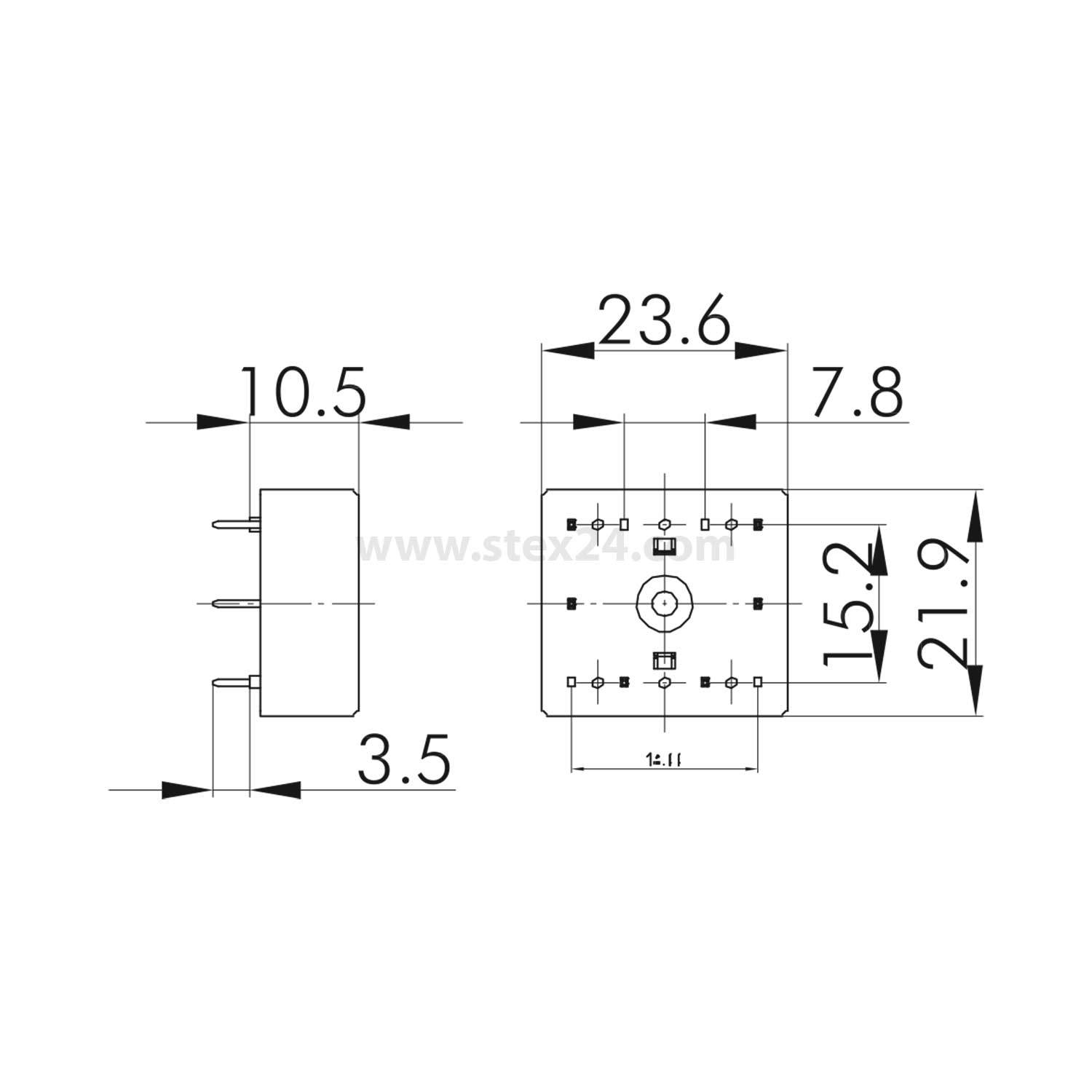 Technische Zeichnung einer elektronischen Komponente mit drei Anschlüssen. Abmessungen sind 10,5 mm Höhe, 23,6 mm Breite und 7,8 mm Tiefe.