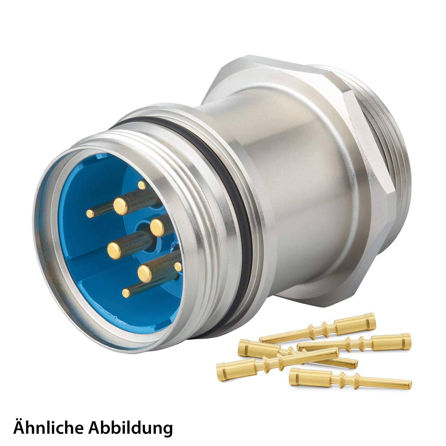 Ein metallischer kreisförmiger elektrischer Steckverbinder mit sechs goldenen Pins und losen Goldkontakten, die daneben platziert sind.