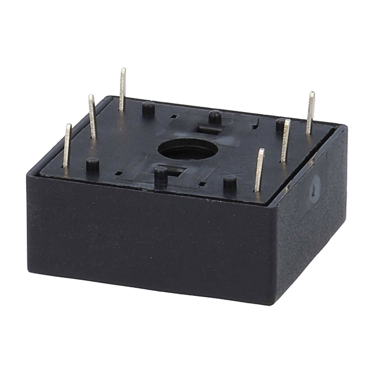 Eine schwarze rechteckige elektronische Komponente mit mehreren Metallstiften, die von der Oberseite hervorstehen und für die Schaltkreisintegration geeignet sind.