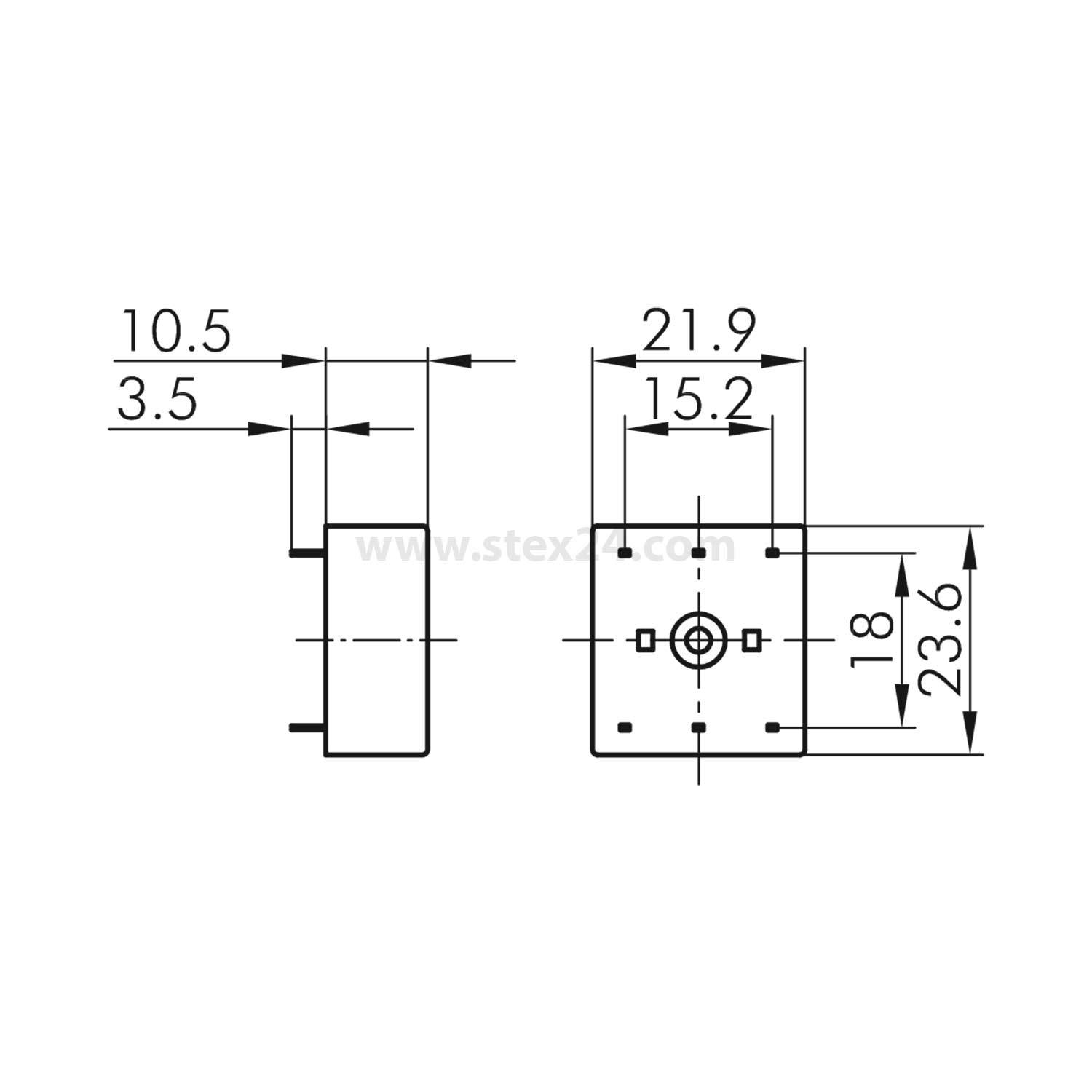 Eine technische Zeichnung einer Komponente mit Vorder- und Seitenansicht und folgenden Abmessungen: 10,5, 21,9, 15,2, 18, 23,6.