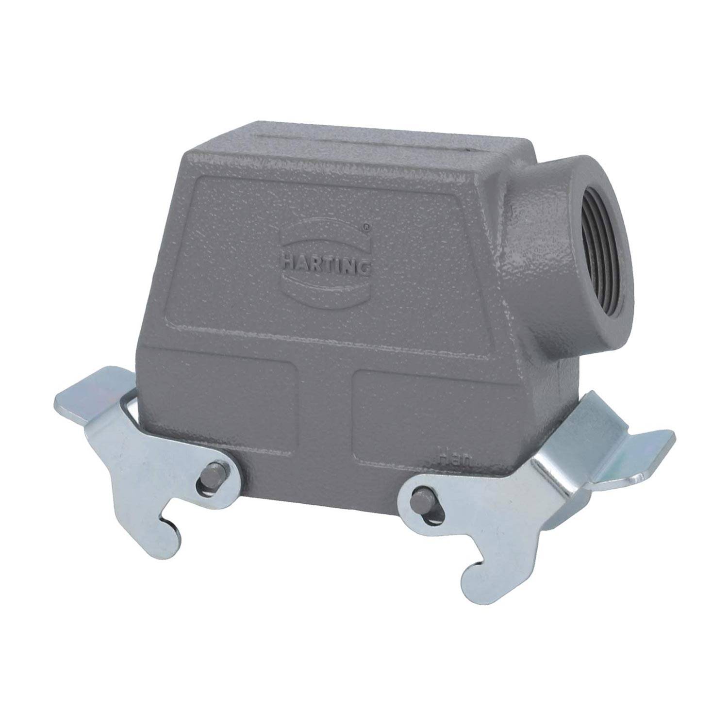 Ein graues industrielles Anschlussgehäuse mit Metallclips, beschriftet mit 'Harting', das zur Sicherung elektrischer Verbindungen in Maschinen verwendet wird.