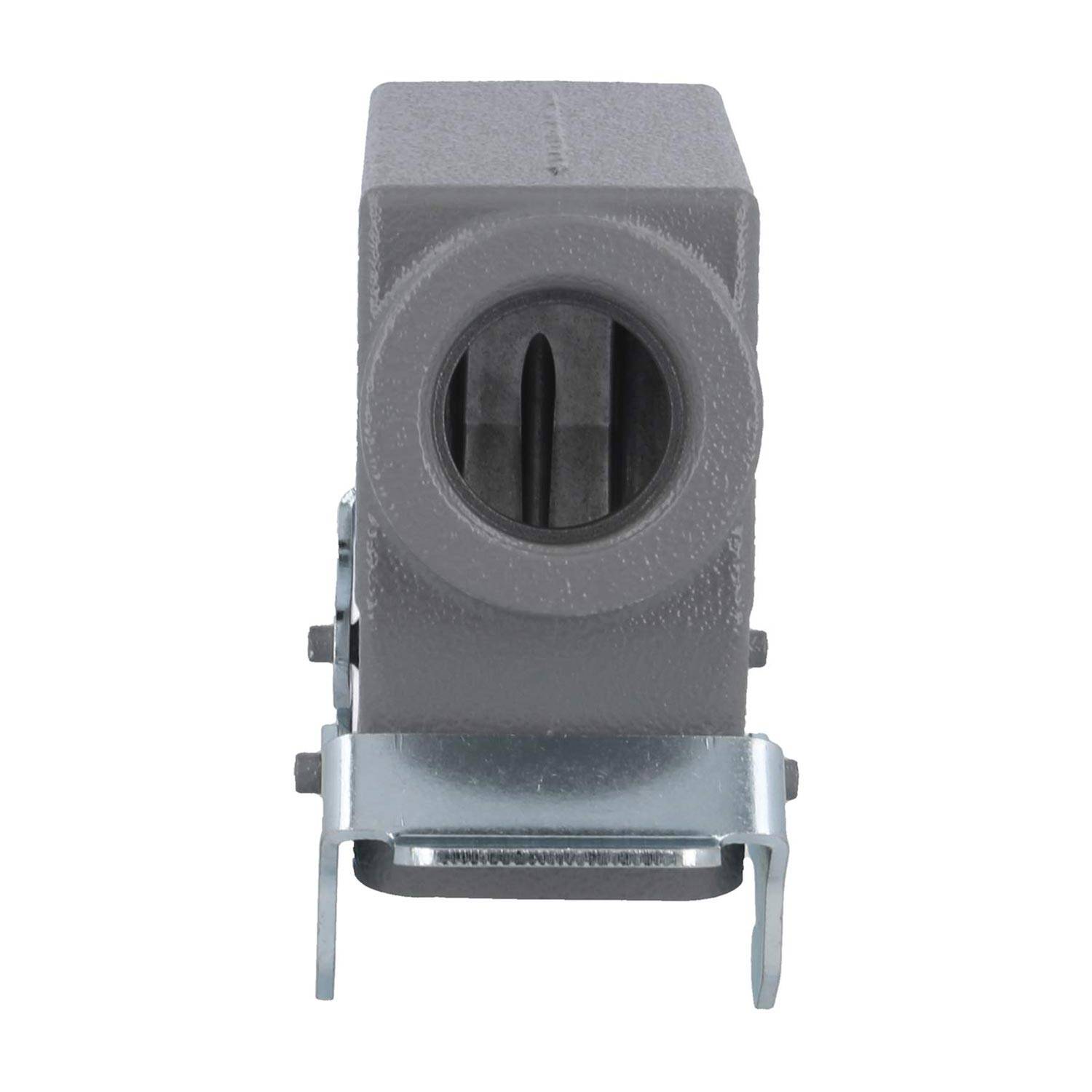 Frontansicht eines grauen Metallgeräts mit rechteckiger Form und kreisförmiger Öffnung, das auf einer Metallhalterung zur Unterstützung montiert ist.