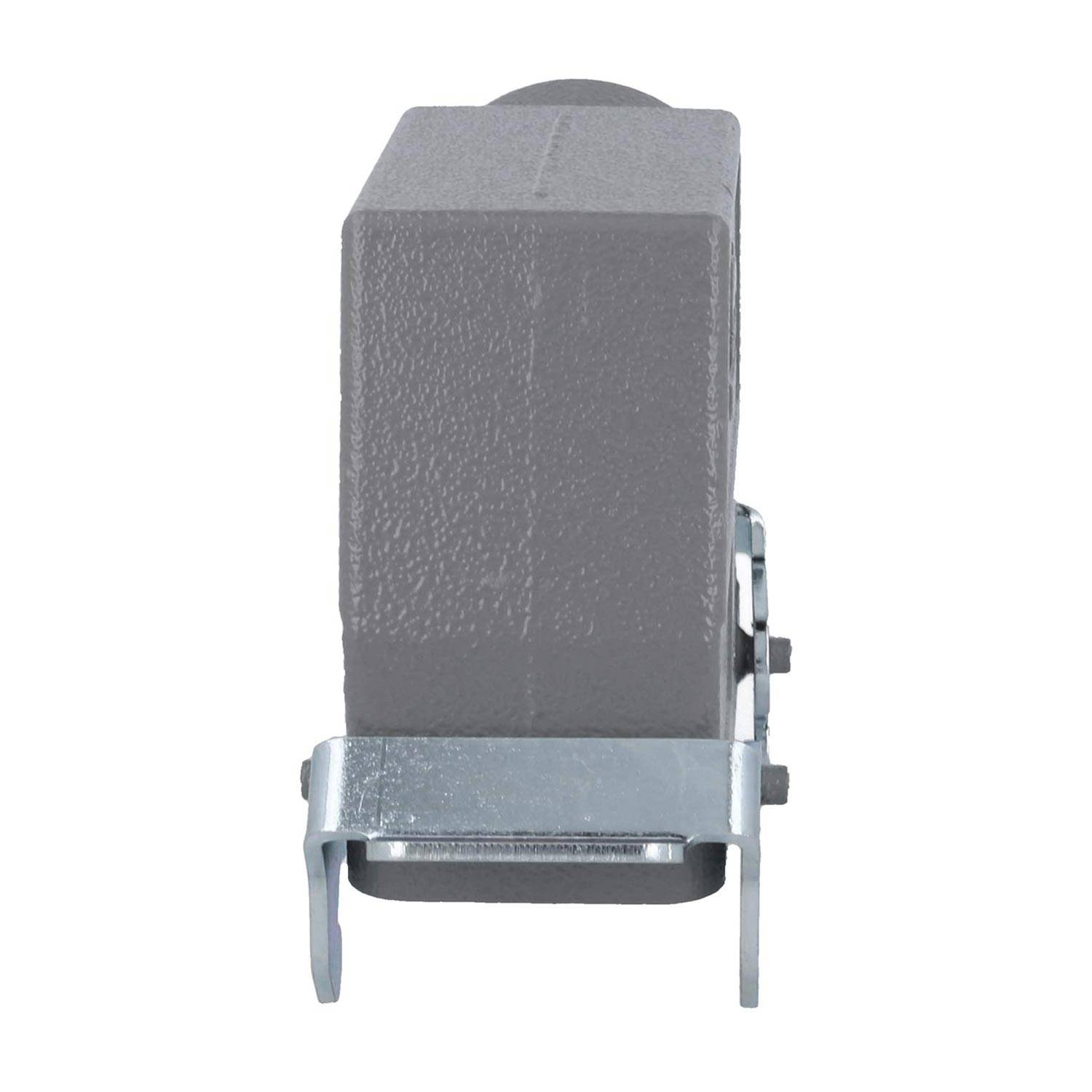 Graue, rechteckige elektrische Komponente mit einem Metallbefestigungsbügel an der Basis, von der Seite betrachtet.