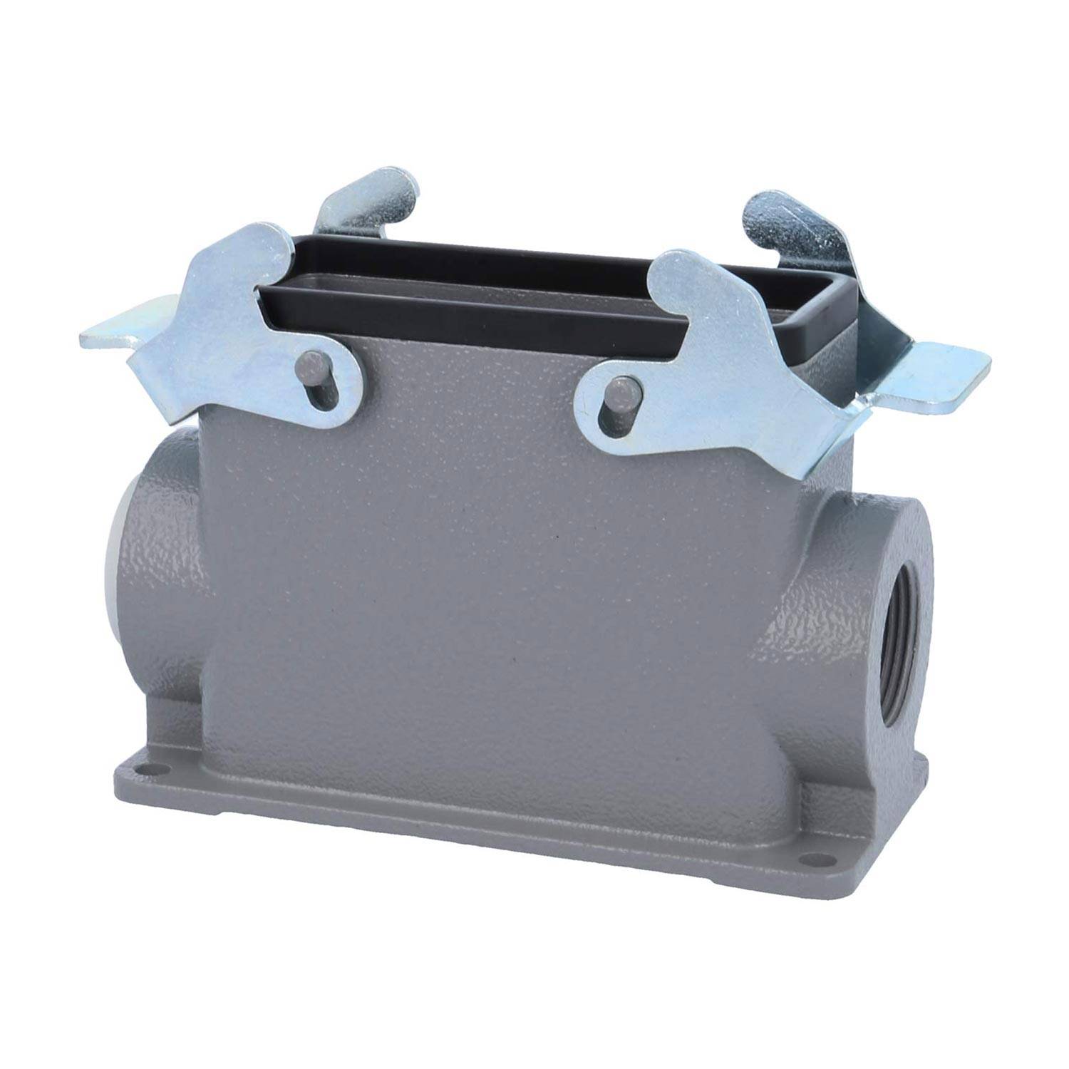 Rechteckiges graues Metallgehäuse mit zwei silbernen Klammern an der Oberseite, konzipiert für elektrische oder mechanische Komponenten.