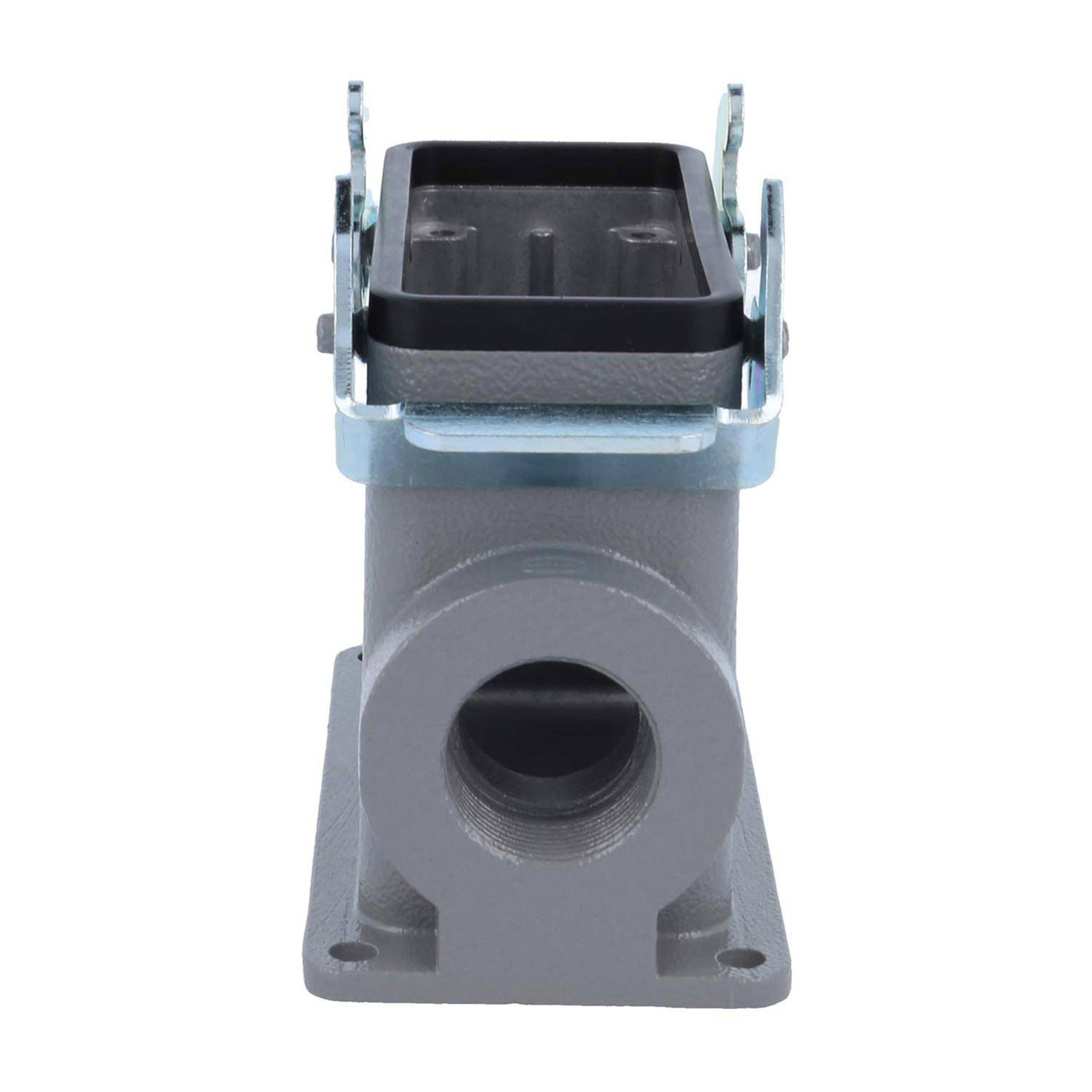 Eine Metallkomponente für industrielle Zwecke mit einem rechteckigen oberen Halterungsbügel und einer zylindrischen Basis, höchstwahrscheinlich für mechanische oder konstruktive Anwendungen verwendet.