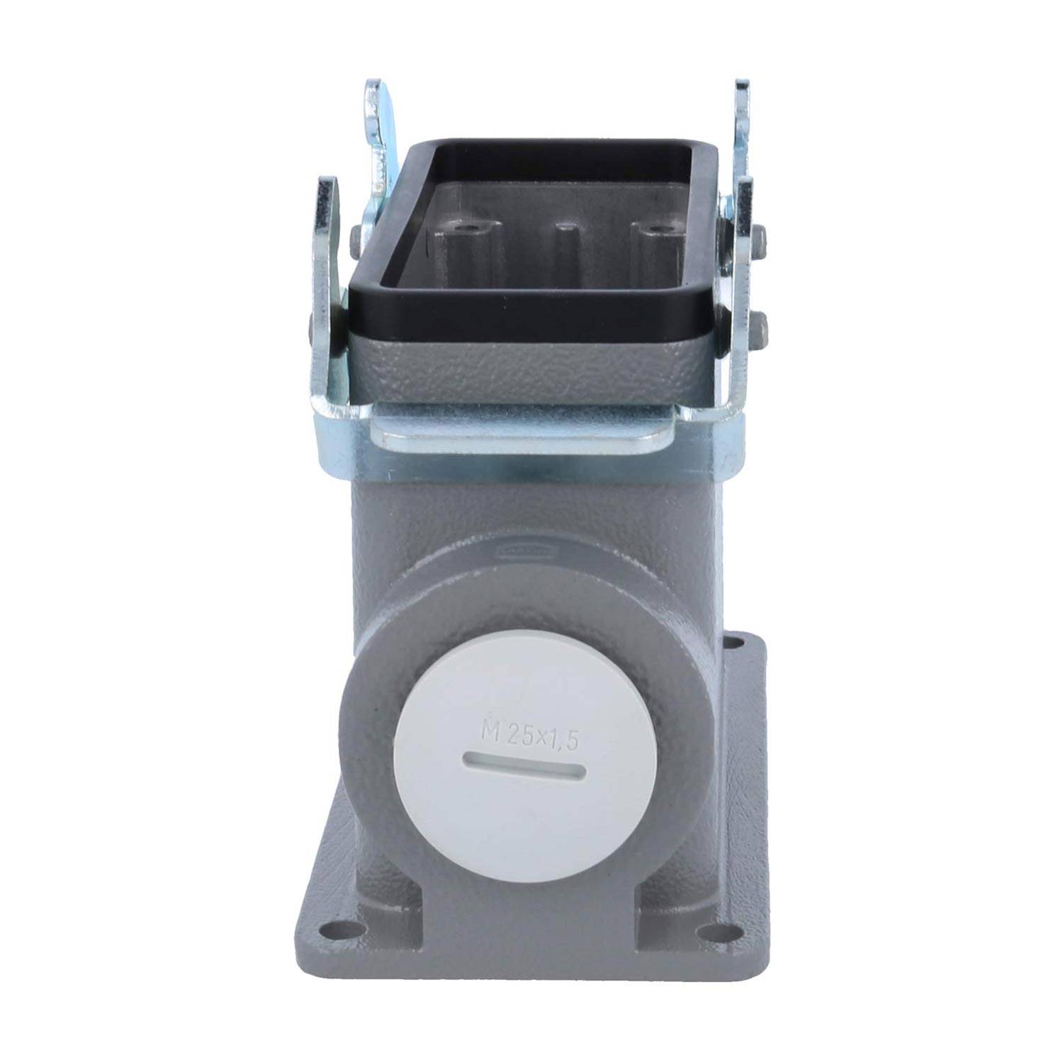 Industrieller elektrischer Verbindungskomponente mit rechteckigem Metallgehäuse, Basis und weißem kreisförmigem Stecker, beschriftet mit 