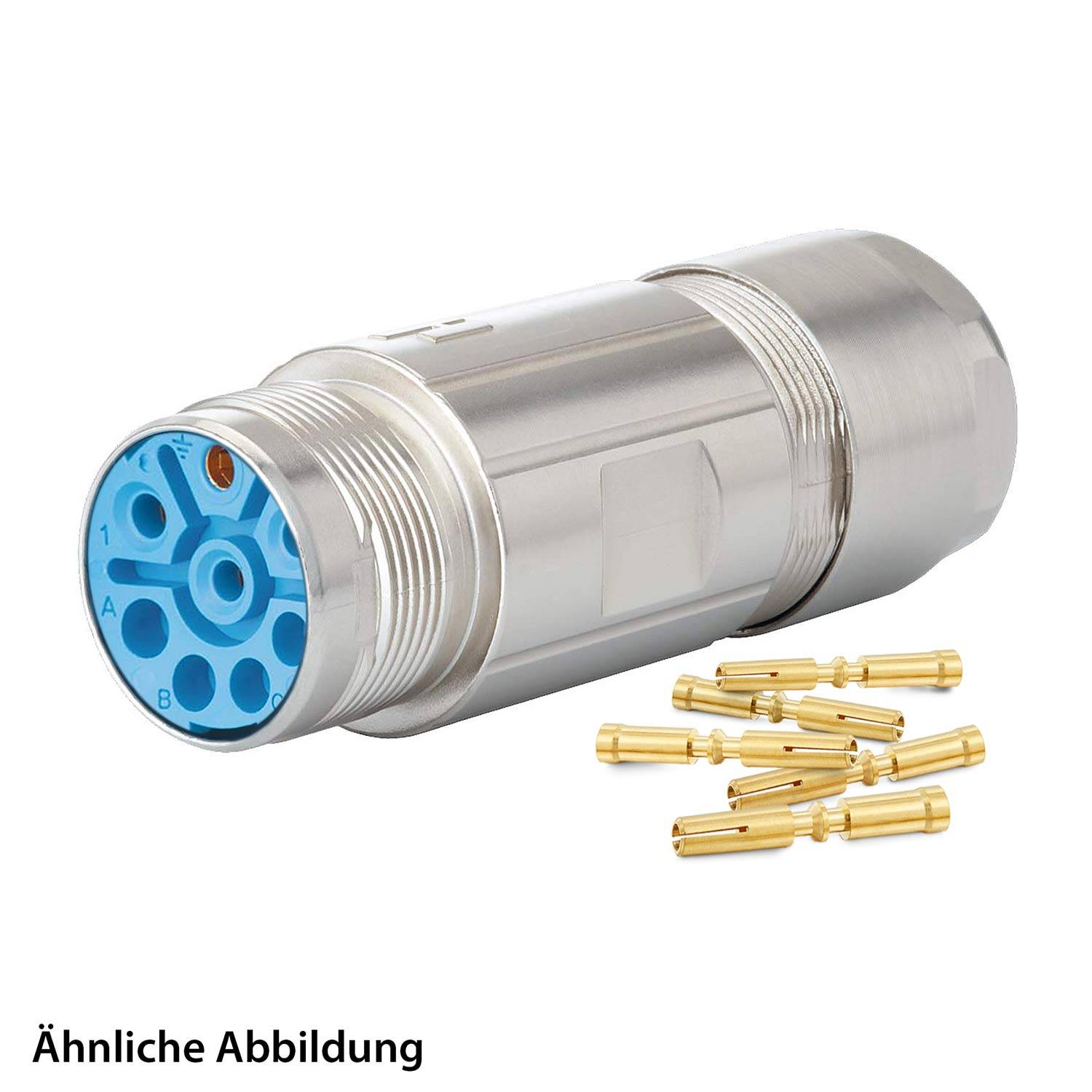 Ein metallischer zylindrischer Anschluss mit blauen und orangefarbenen Innenelementen ist auf einem weißen Hintergrund positioniert, begleitet von mehreren kleinen goldenen Pins.