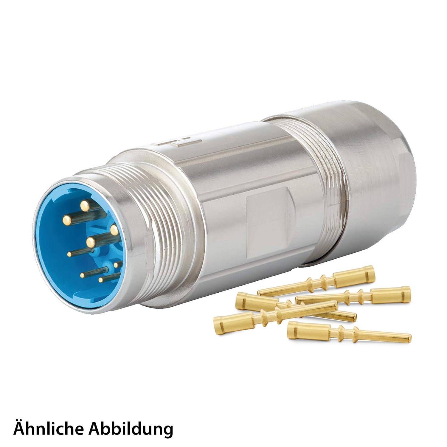 Ein metallischer Mehrfach-Steckverbinder mit blauem Innenraum, dargestellt mit einzelnen goldenen Kontaktstiften daneben.