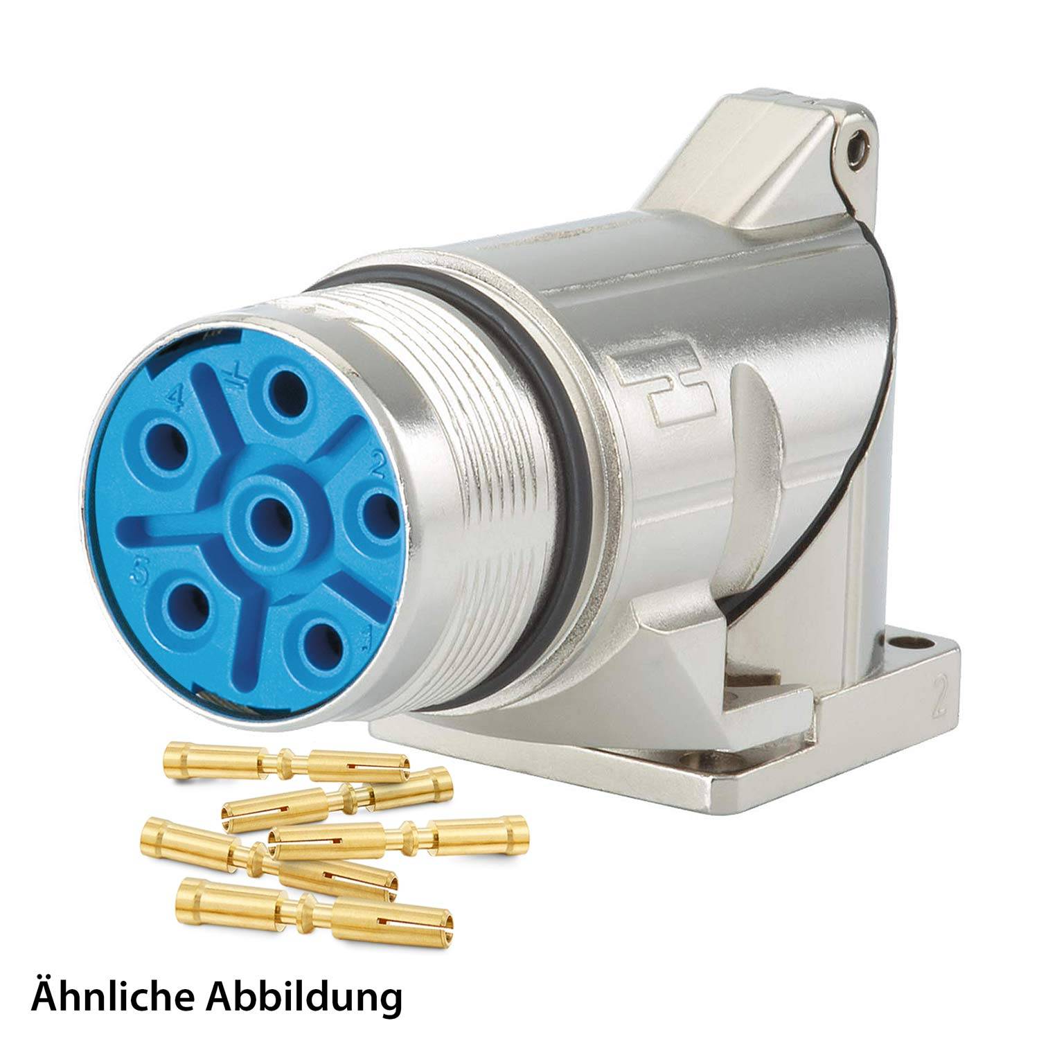 Bild eines metallischen Anschlusses mit einer blauen Kreisfläche, die mehrere Steckplätze aufweist. Mehrere goldene Steckverbinder liegen daneben.