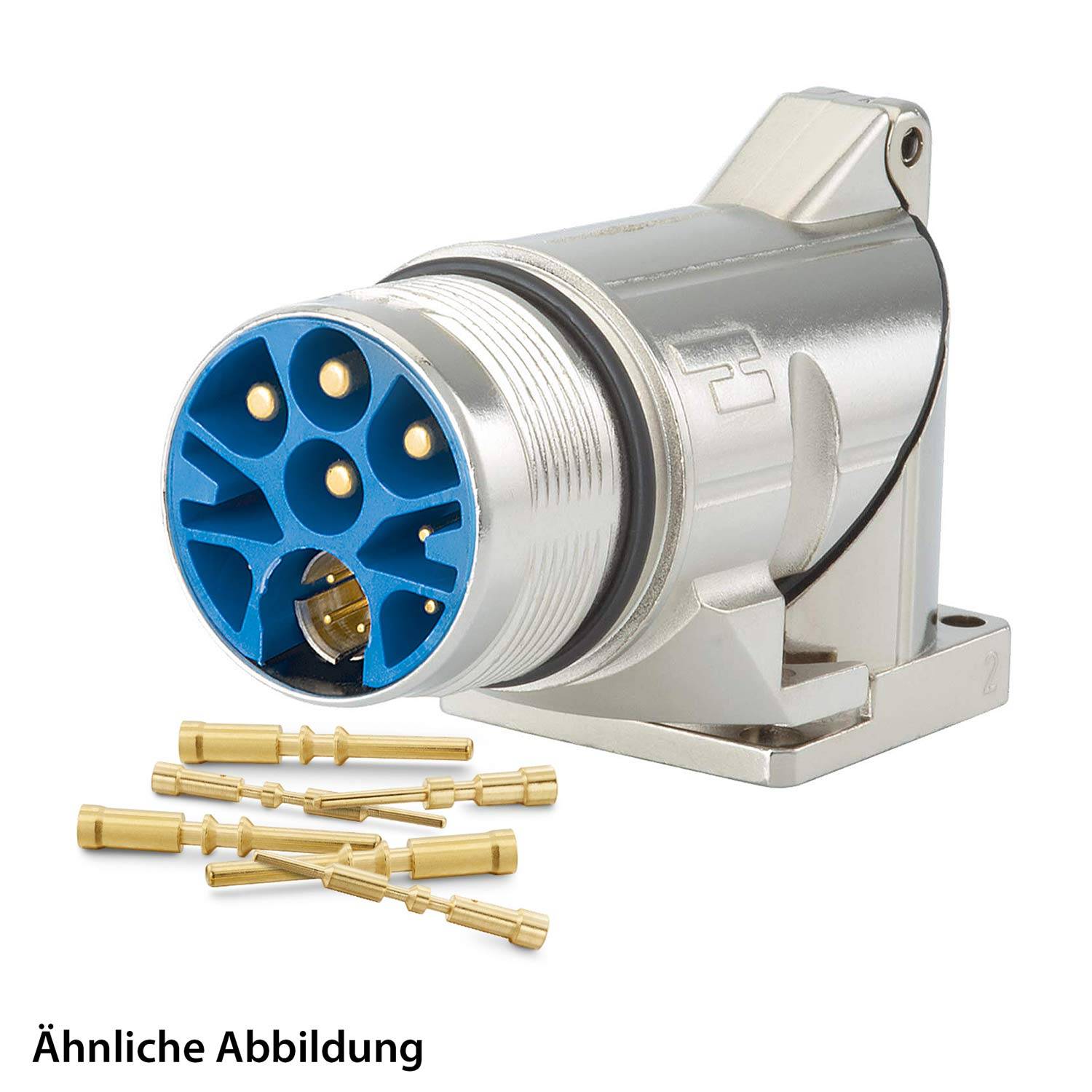 Silberner und blauer elektrischer Steckverbinder mit fünf goldenen Pins, dargestellt mit passender Gehäuse und beschriftet mit 'Ähnliche Abbildung'.
