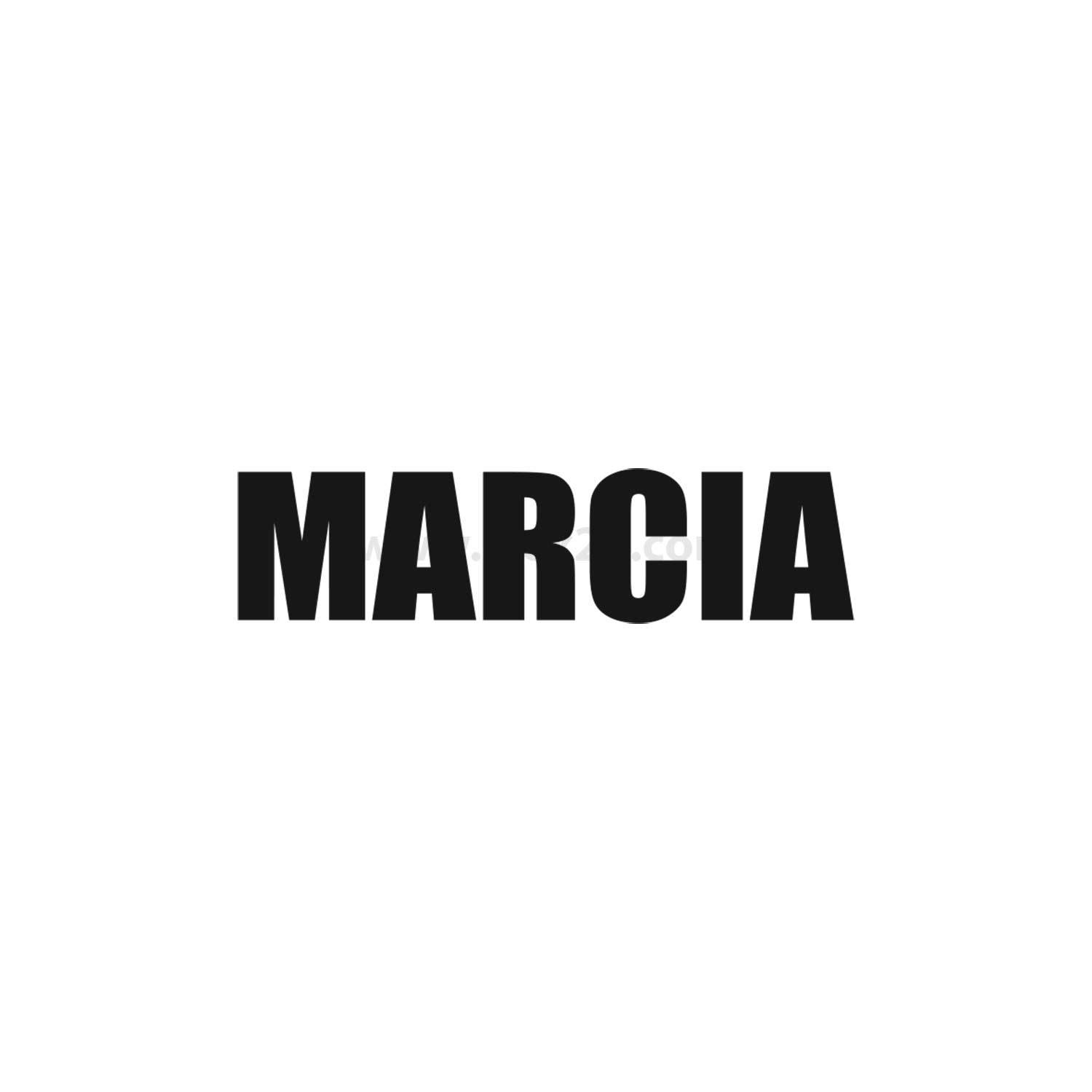 Das Bild zeigt den Namen 'MARCIA' in fetten schwarzen Großbuchstaben, zentriert auf einem weißen Hintergrund.