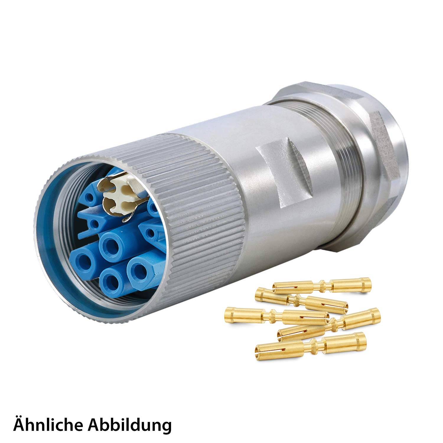 Ein metallischer Kabelverbinder mit mehreren blauen Buchsen und goldenen Kontaktstiften, der für elektrische Verbindungen verwendet wird, auf einem weißen Hintergrund dargestellt.